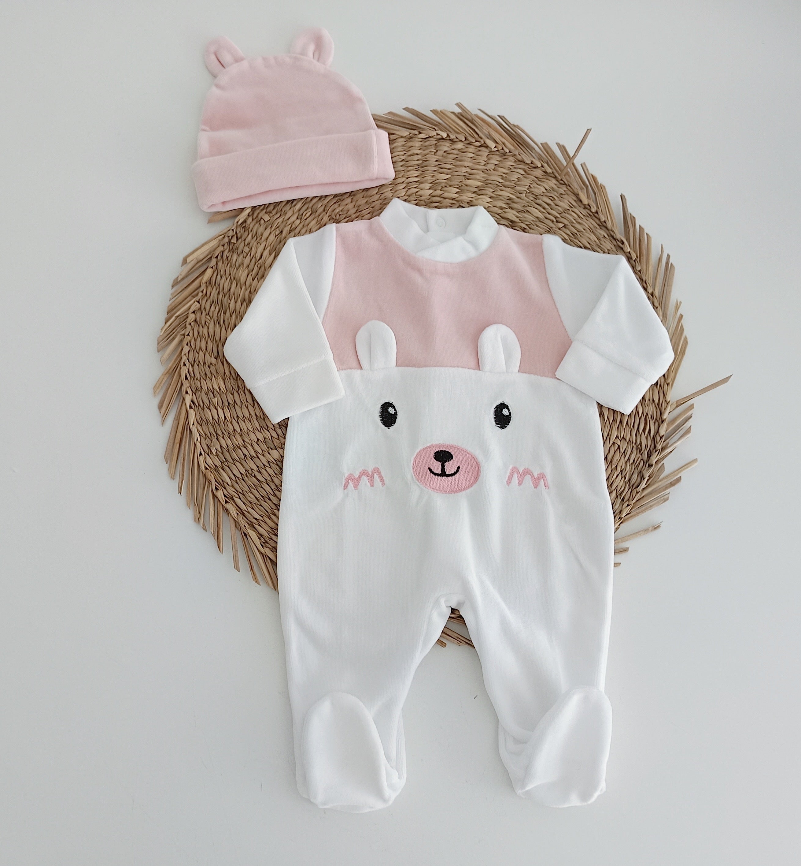 Babygrow Veludo Urso com Gorro Orelhas Rosa Velho