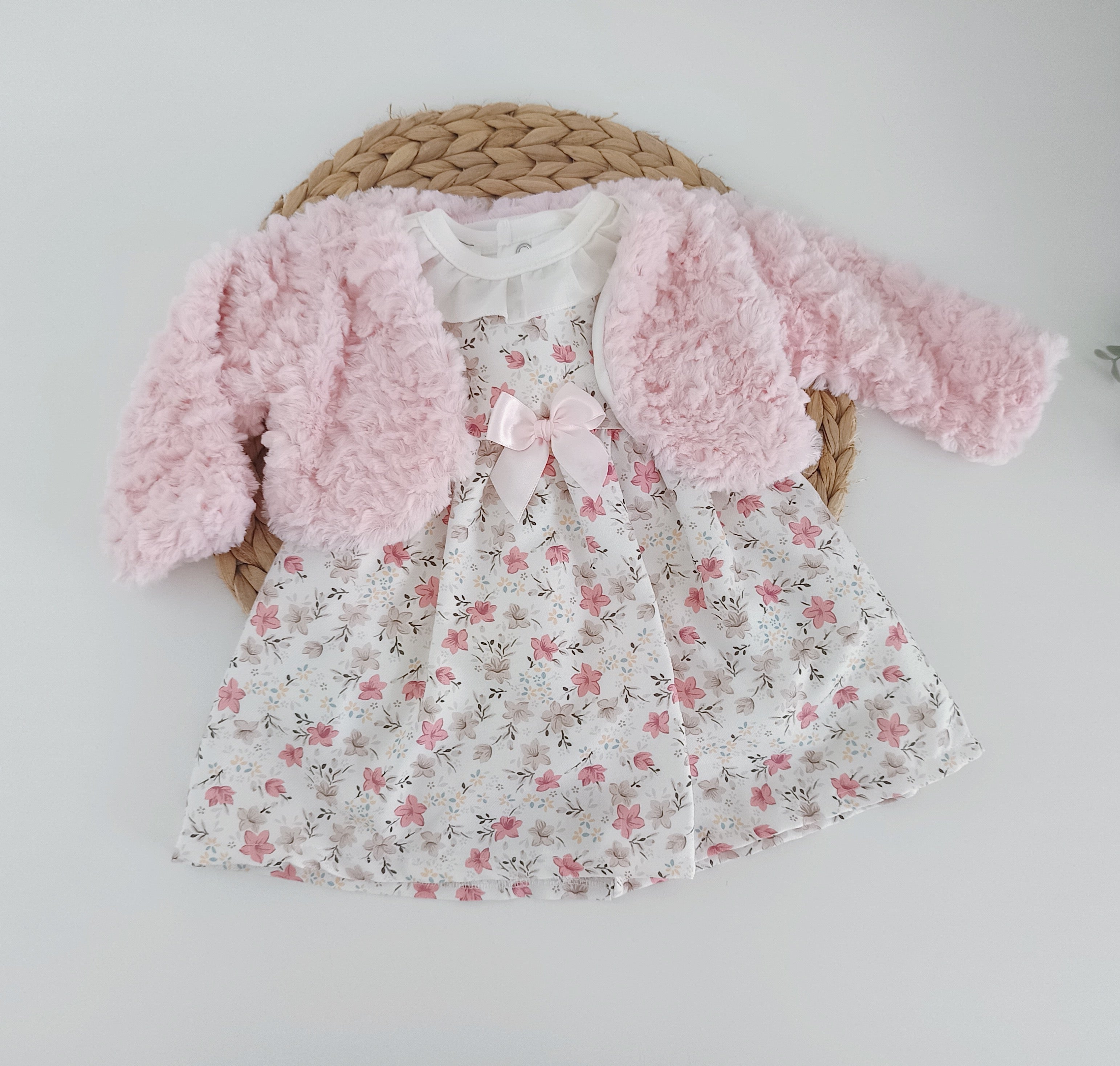 Vestido com Blusa e Bolero Flores com laço Rosa