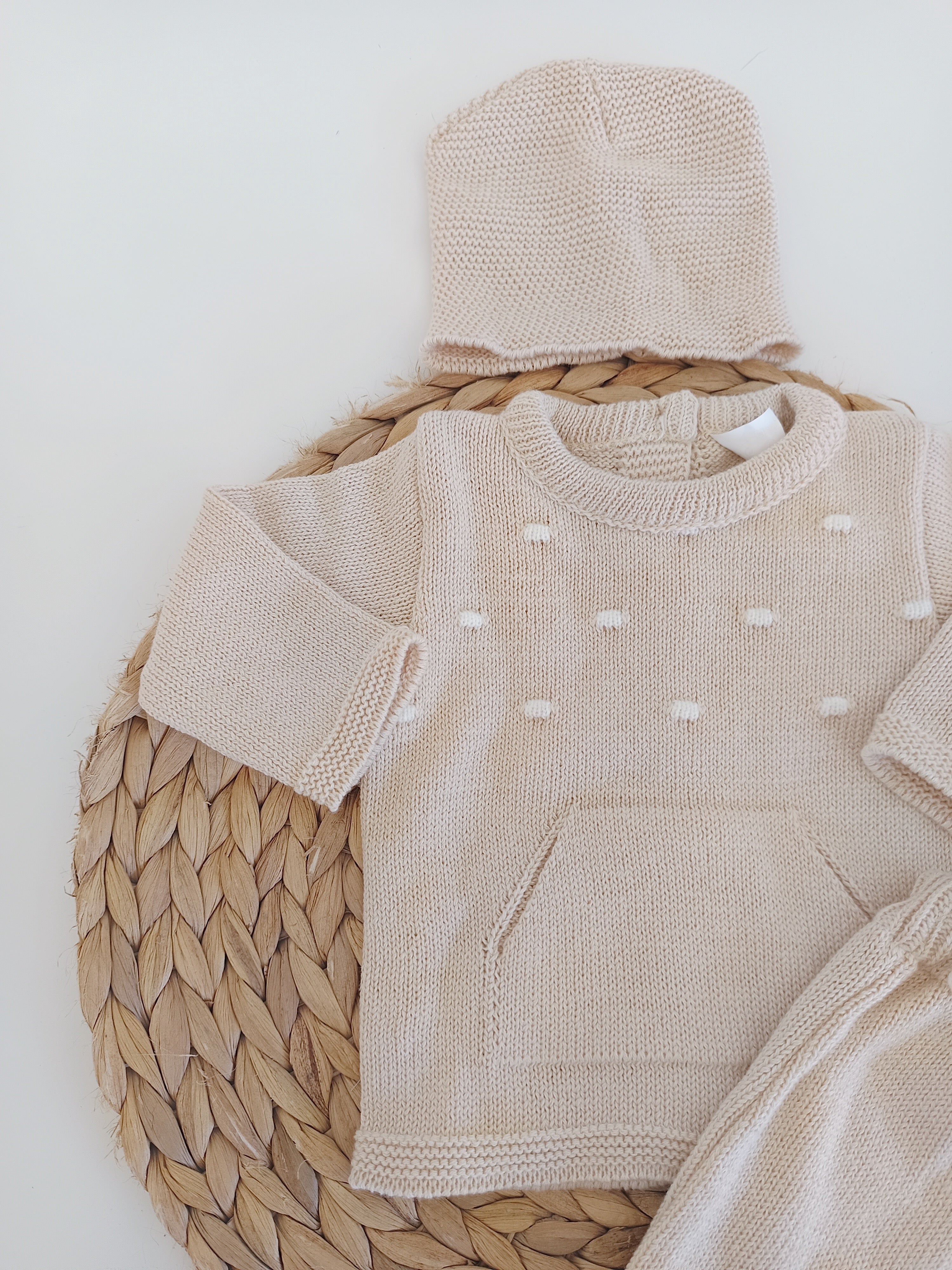 Conjunto de Malha Algodão Calças, Camisola com Bolsos e Gorro Areia