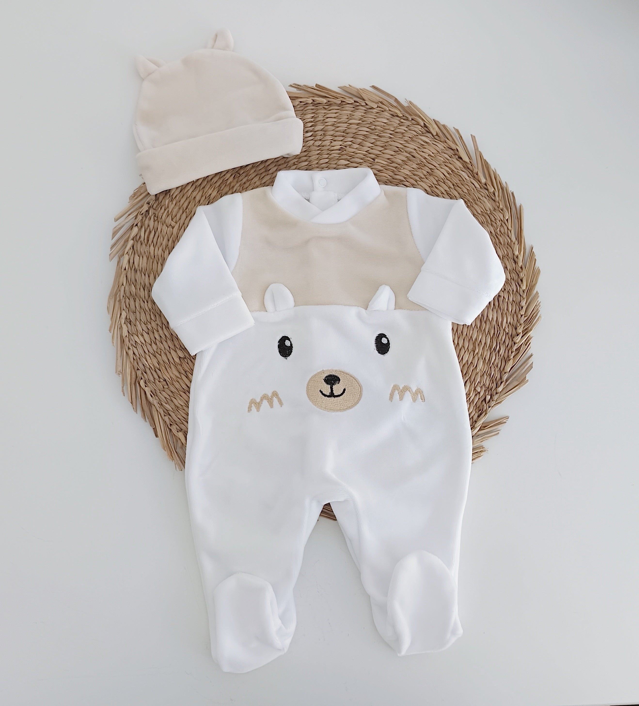 Babygrow Veludo Urso com Gorro Orelhas Areia