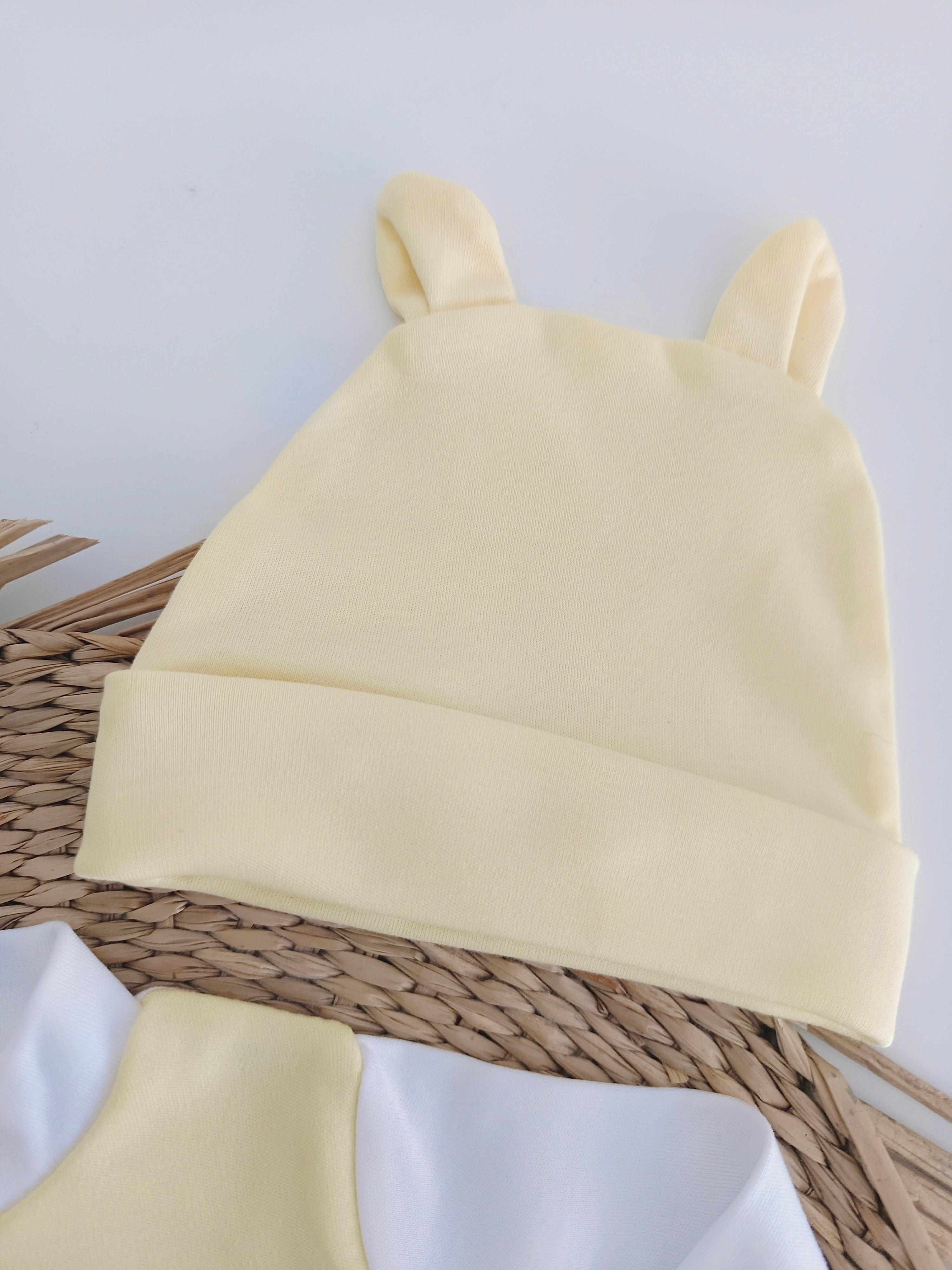 Babygrow Algodão Urso com Gorro Orelhas Amarelo