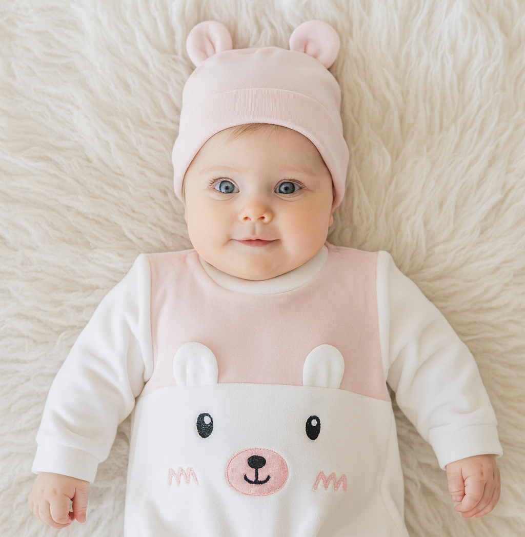 Babygrow Algodão Urso com Gorro Orelhas Rosa Velho