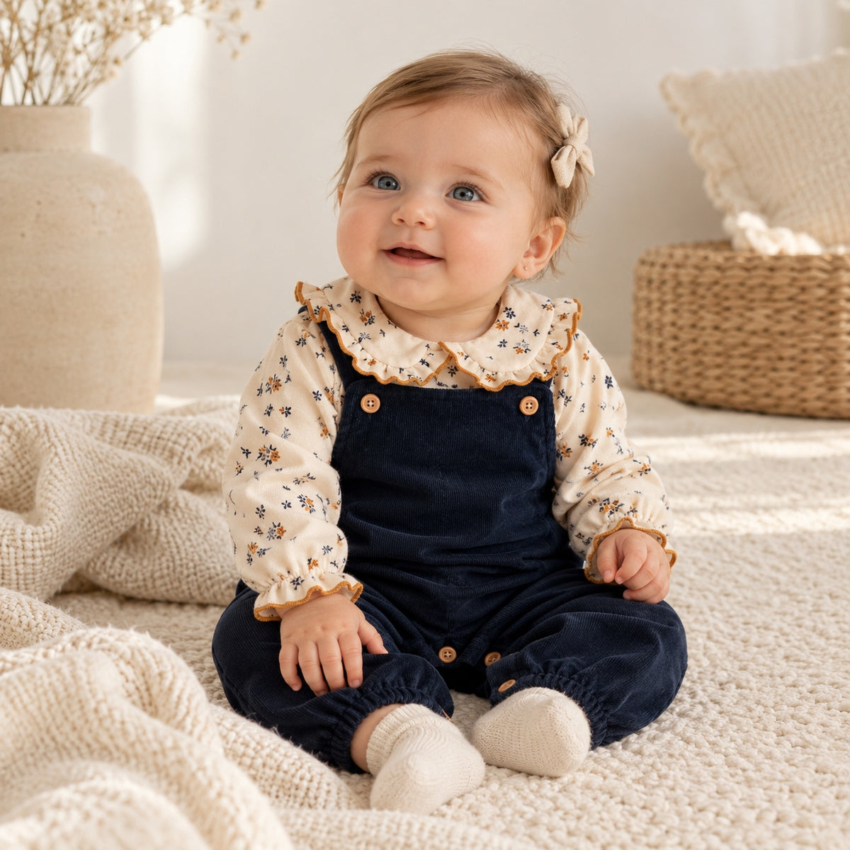 Jardineiras Bombazine com Blusa Flores Marinho