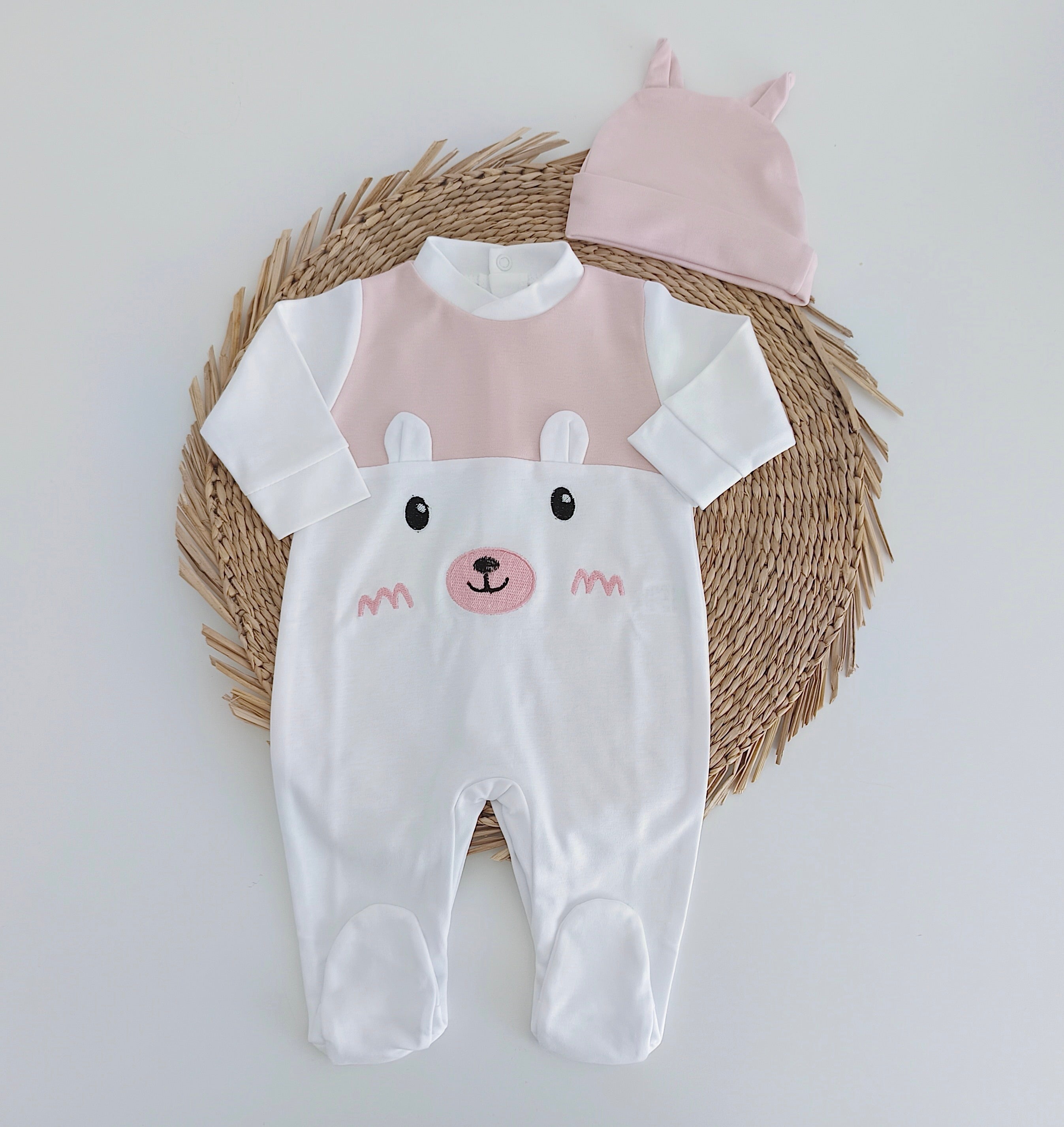 Babygrow Algodão Urso com Gorro Orelhas Rosa Velho