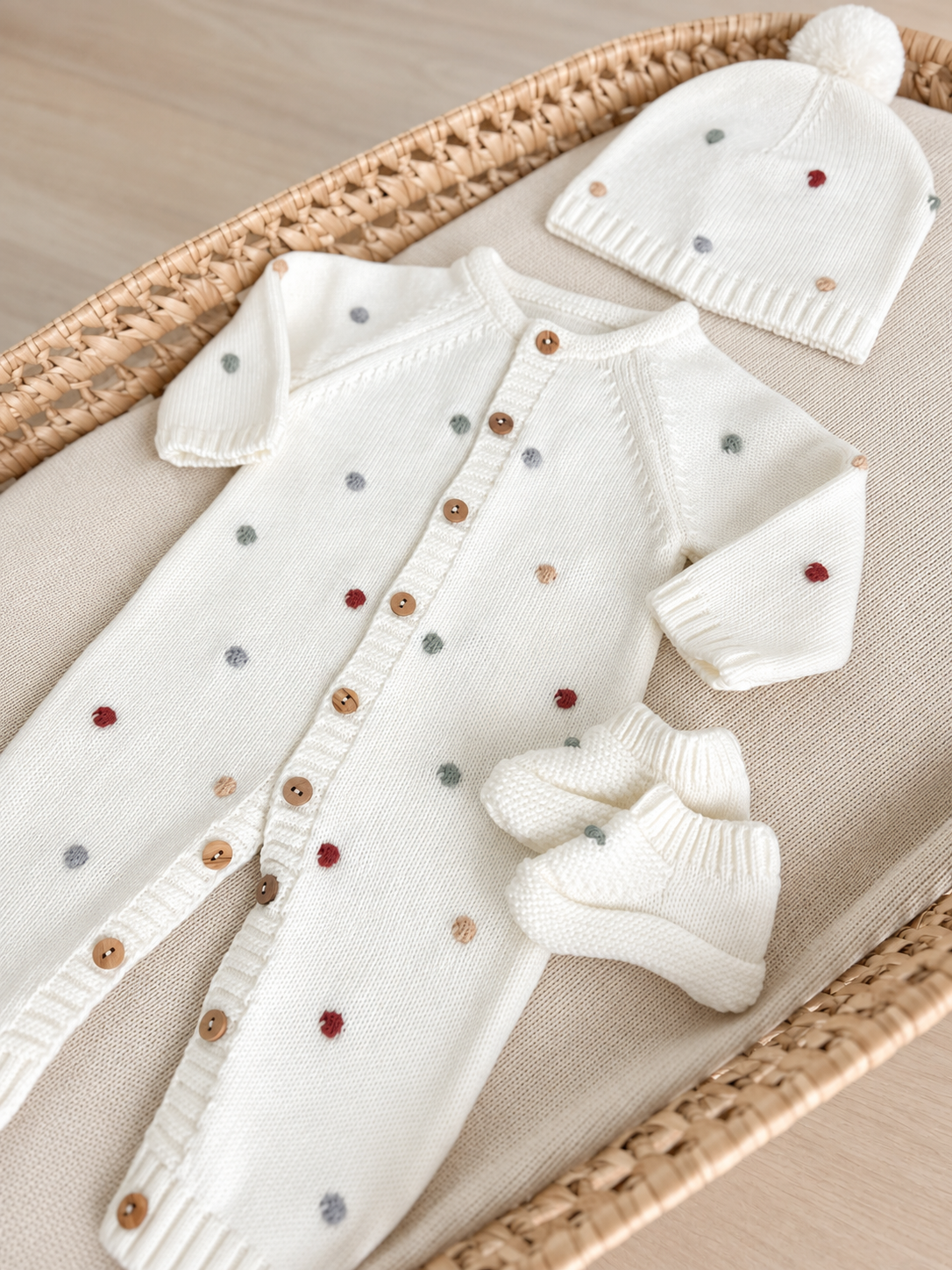 FitFiu Babies® | Babygrow de malha pompons coloridos com gorro e carapins Pérola