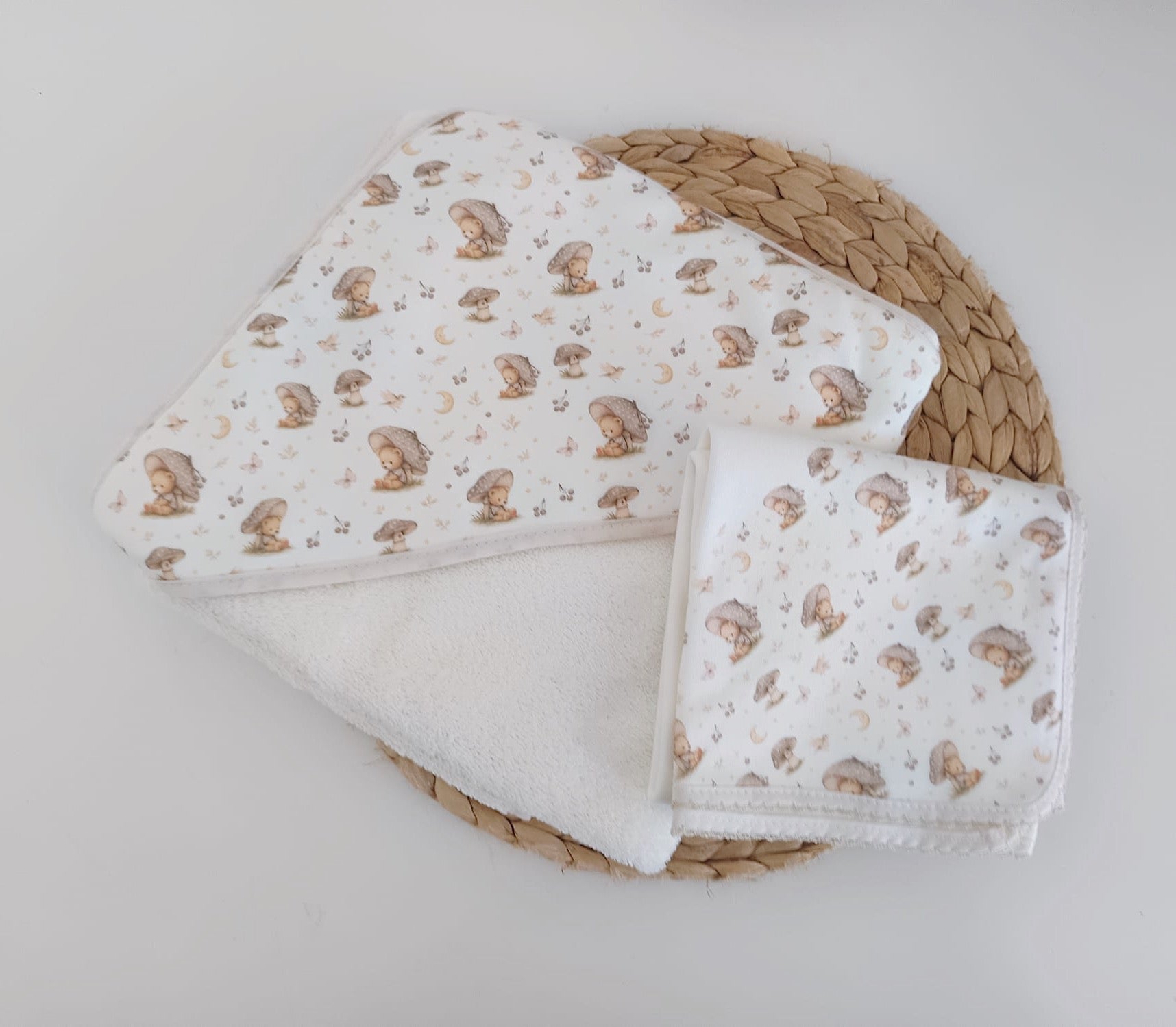 Conjunto Toalha de banho e Fralda para bebé Cogumelos Pérola