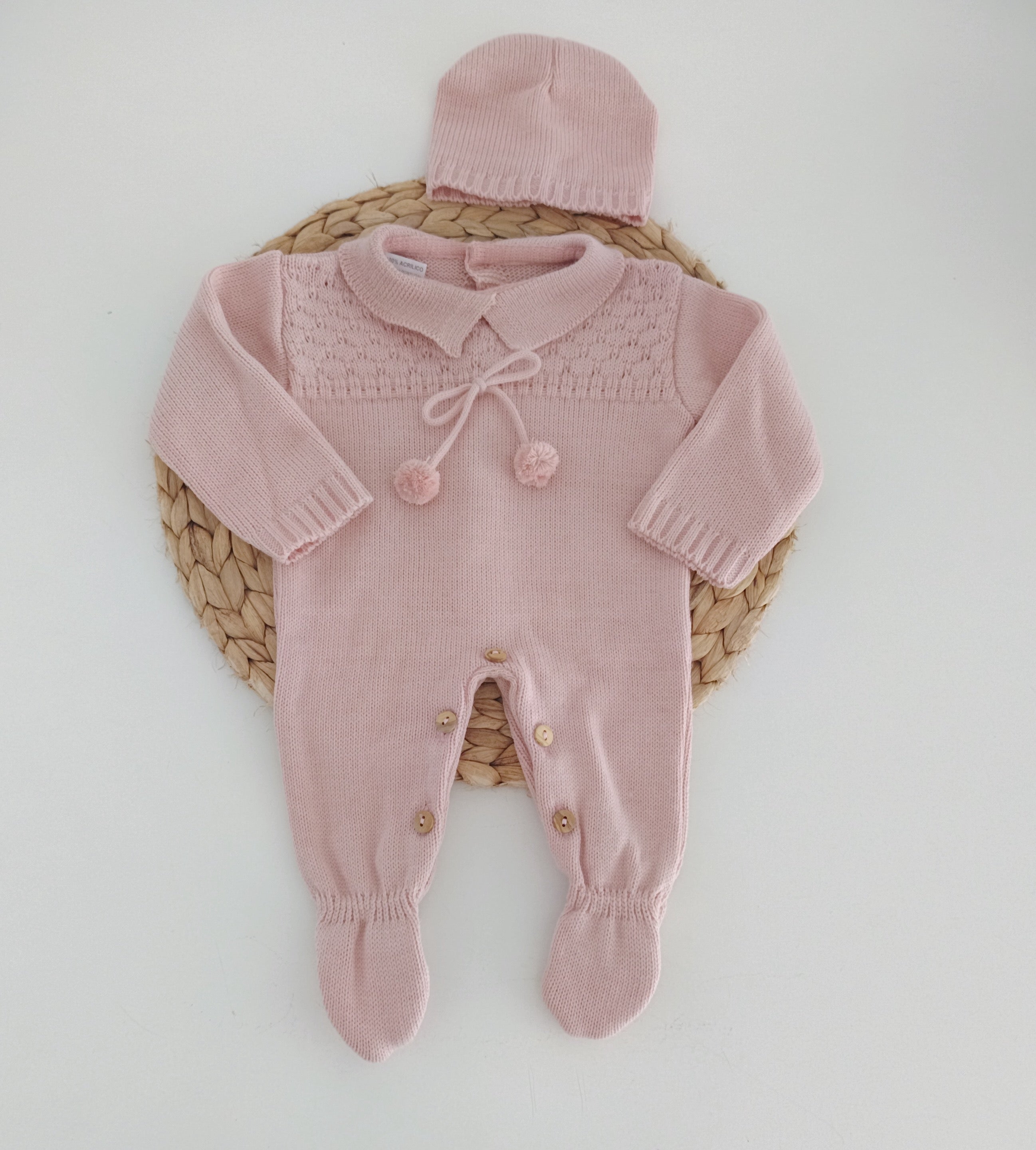 Babygrow de Malha Pompons com Gorro Rosa Velho