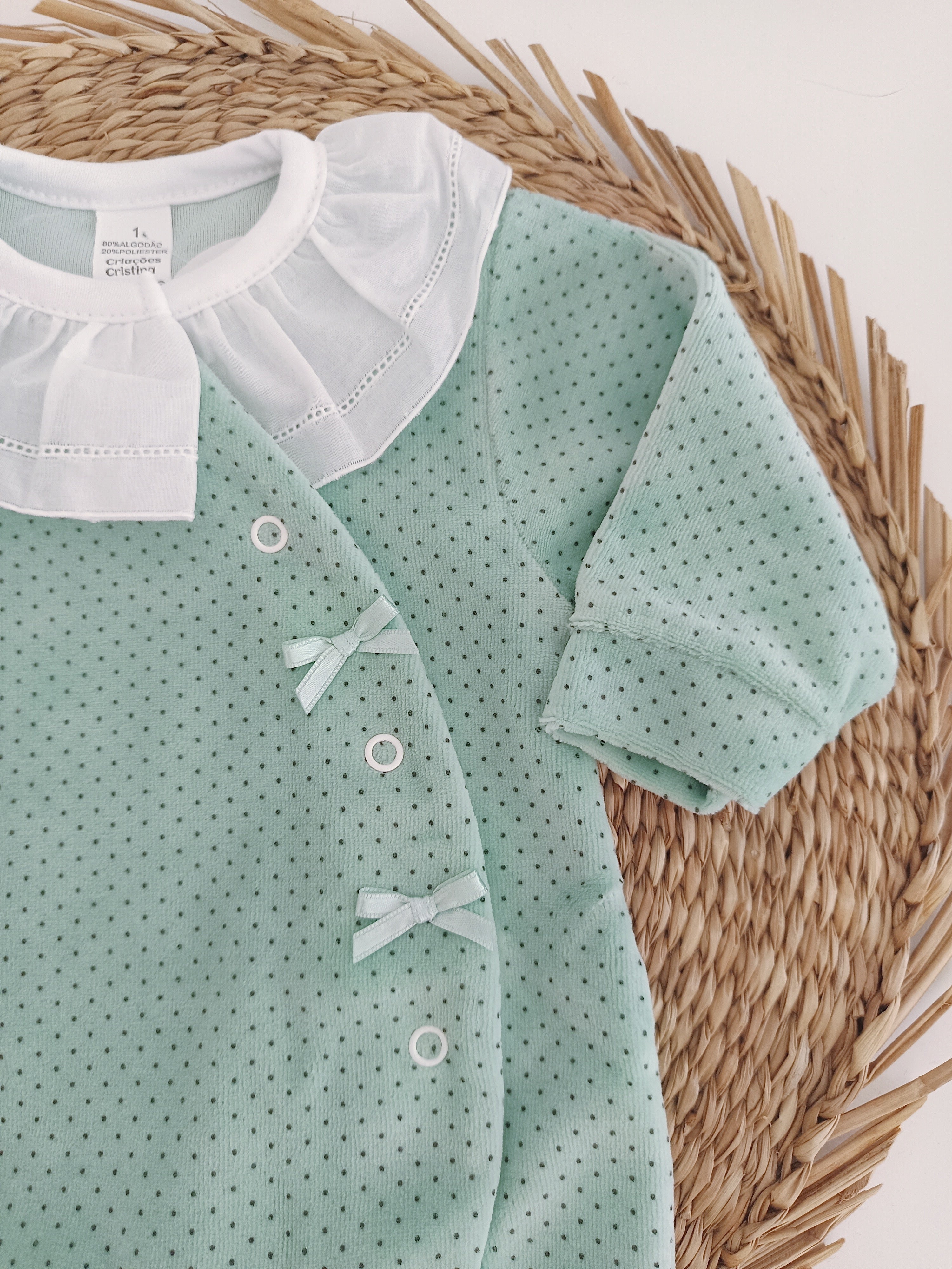 Babygrow Veludo Gola Folho Laço Pintas Verde