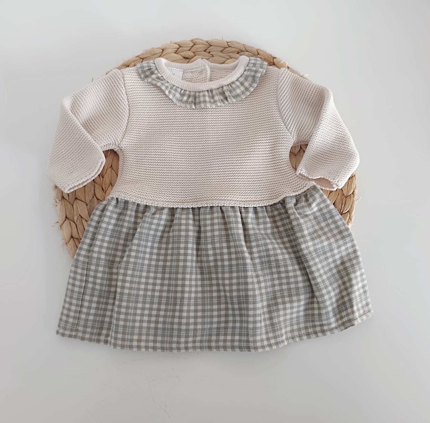 Vestido de Tecido e Malha Xadrez Areia