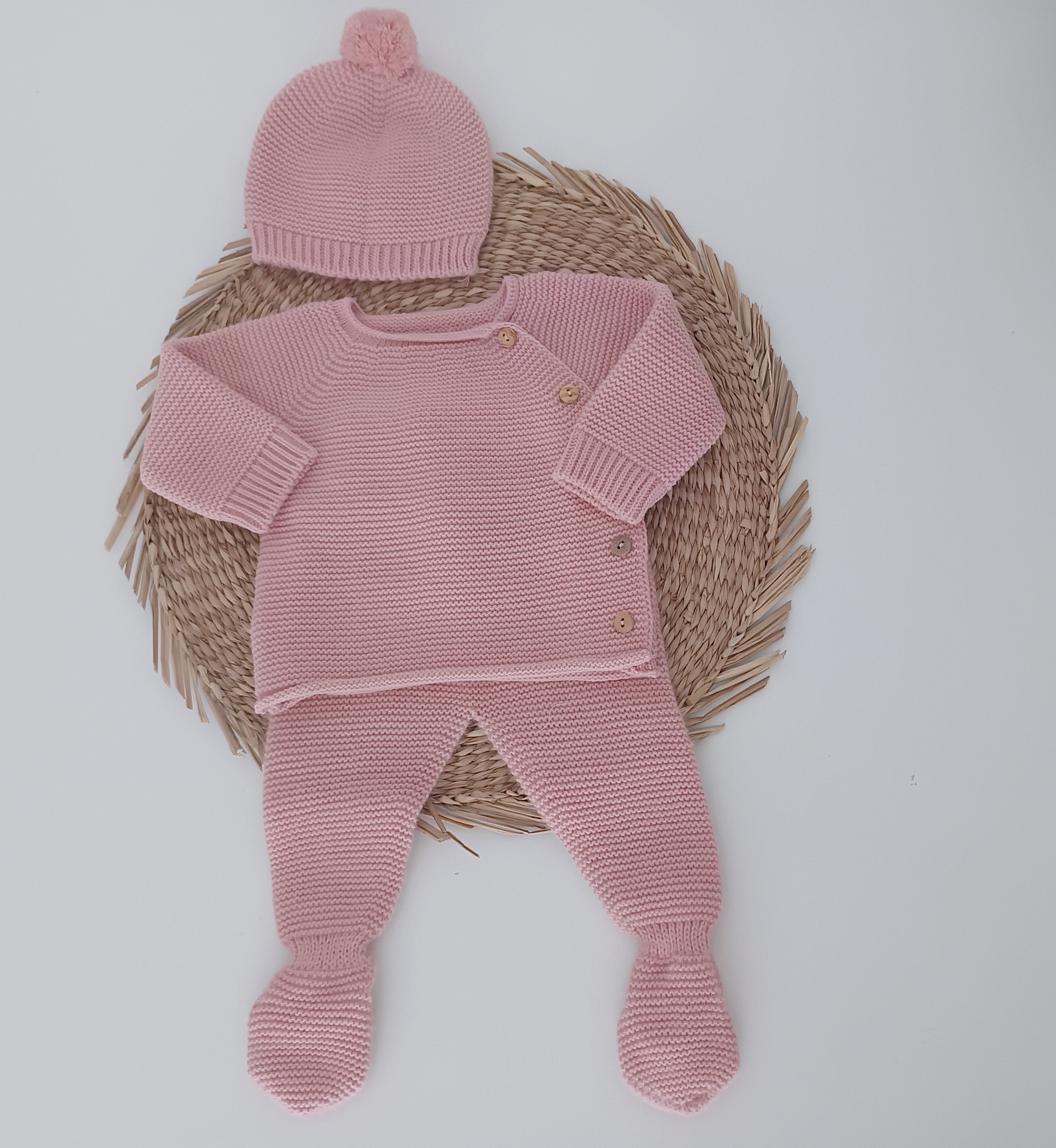 Conjunto de Malha Básico com Gorro Pompom Rosa Velho
