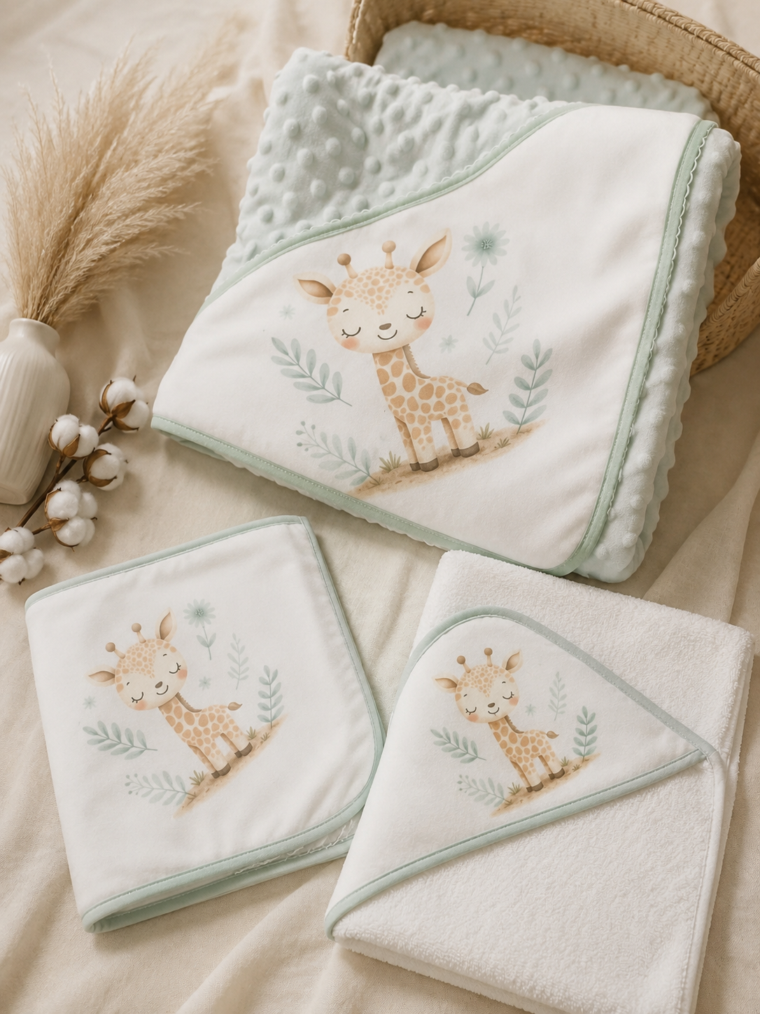 Conjunto de Bebé Manta Fralda e Toalha Girafa Verde