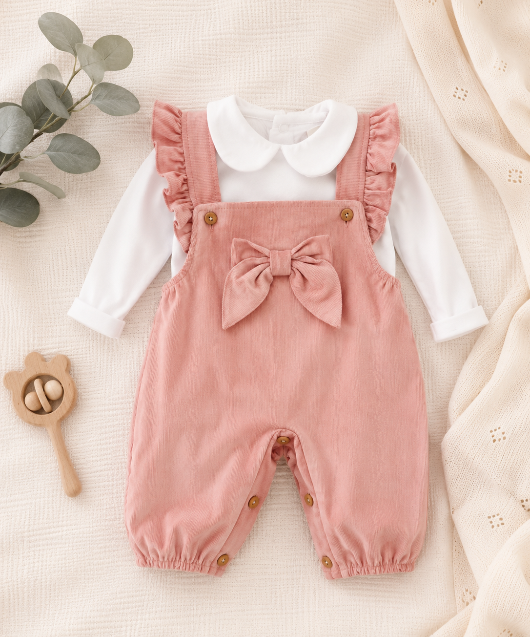 Jardineiras Bombazine com blusa de gola folho Laço Rosa Velho