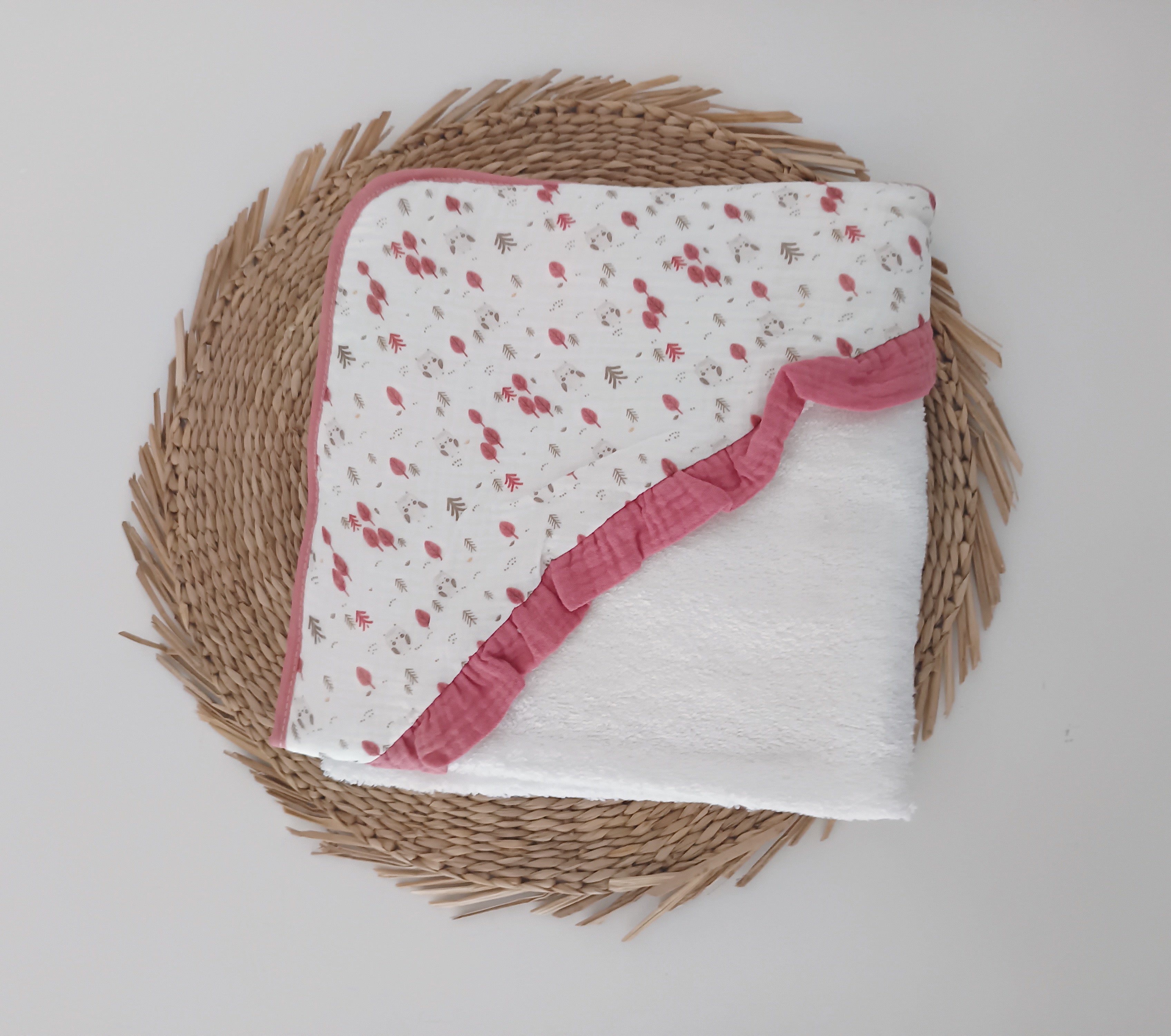 Toalha de banho Bebé Folho Mochinhos Rosa Velho