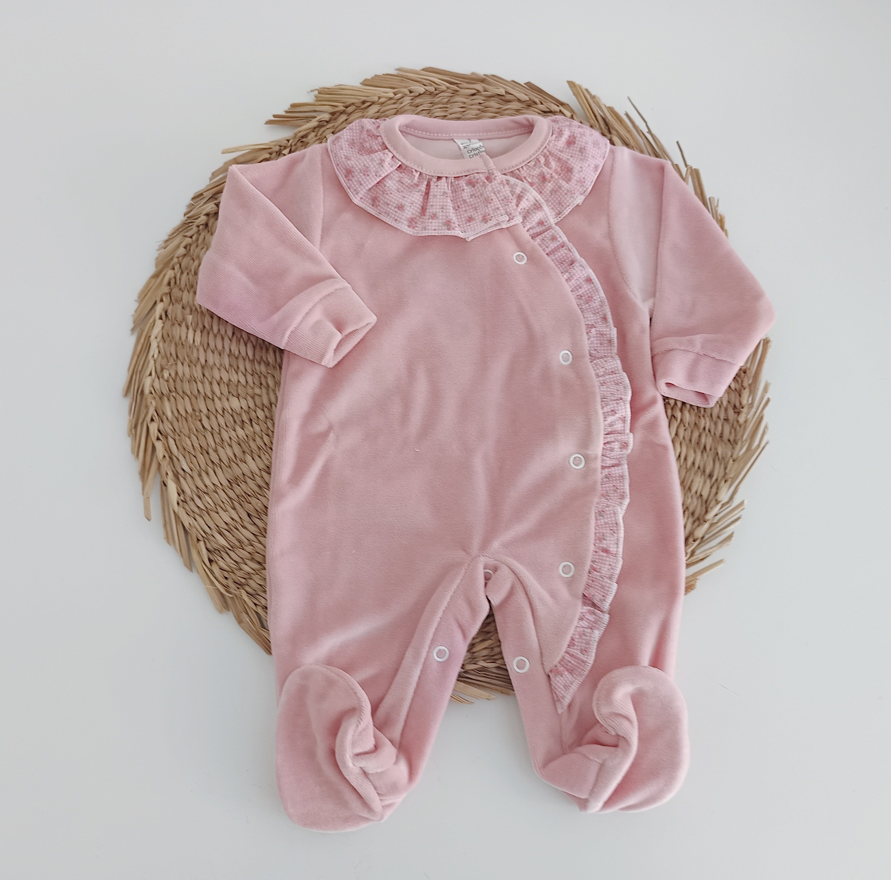 Babygrow Veludo Folho e Gola Flores Rosa Velho