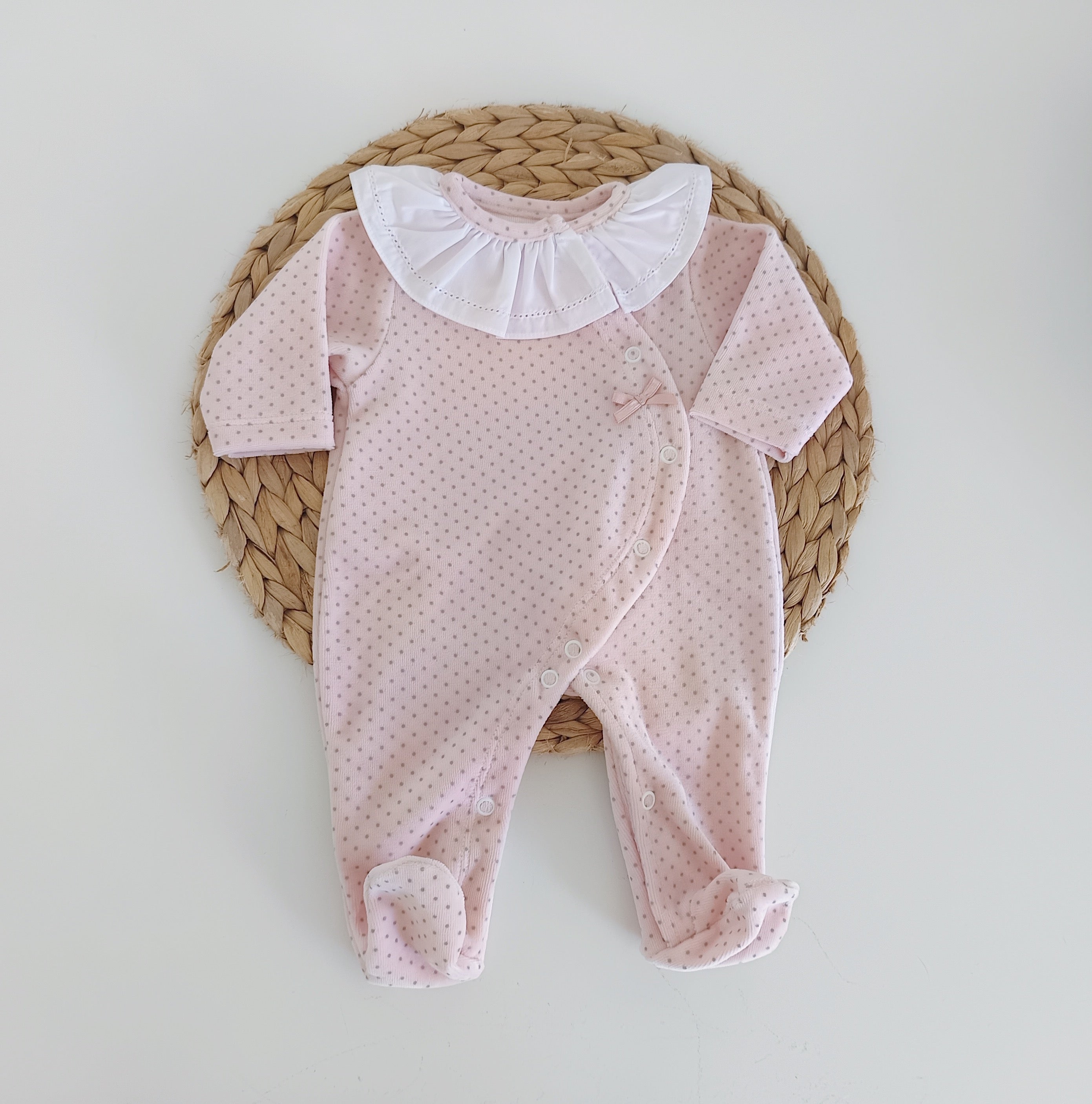 Babygrow Veludo Basic Pintinhas Gola Rosa Velho