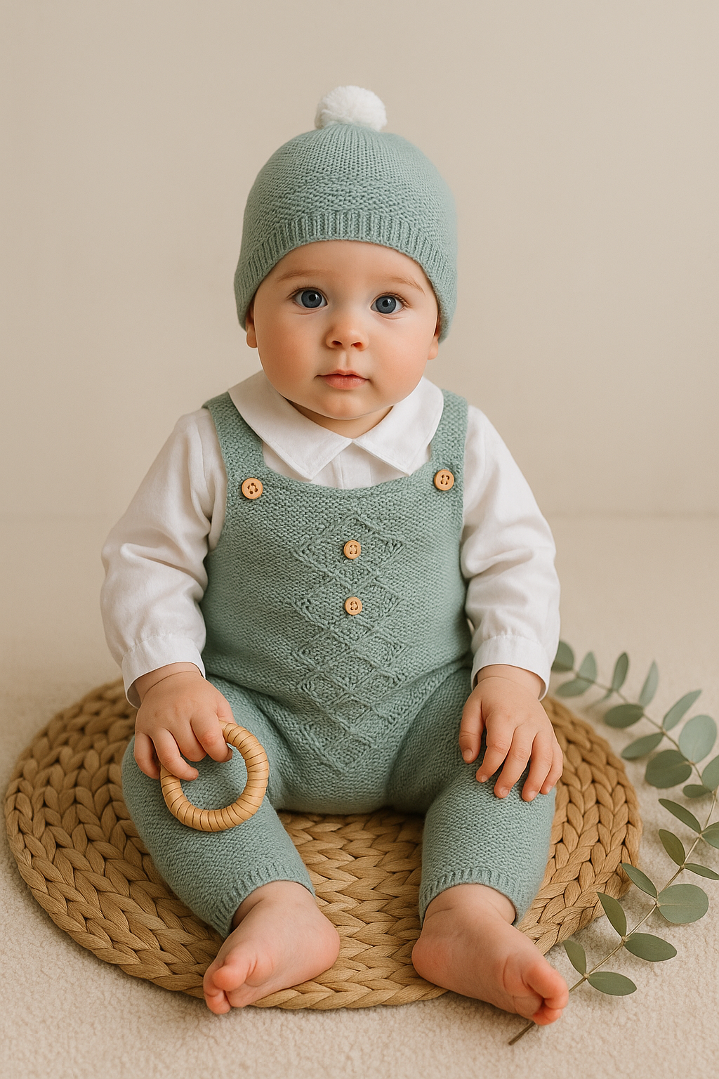 Jardineiras de malha c/ camisa gola bico Losangos Botões e gorro Verde
