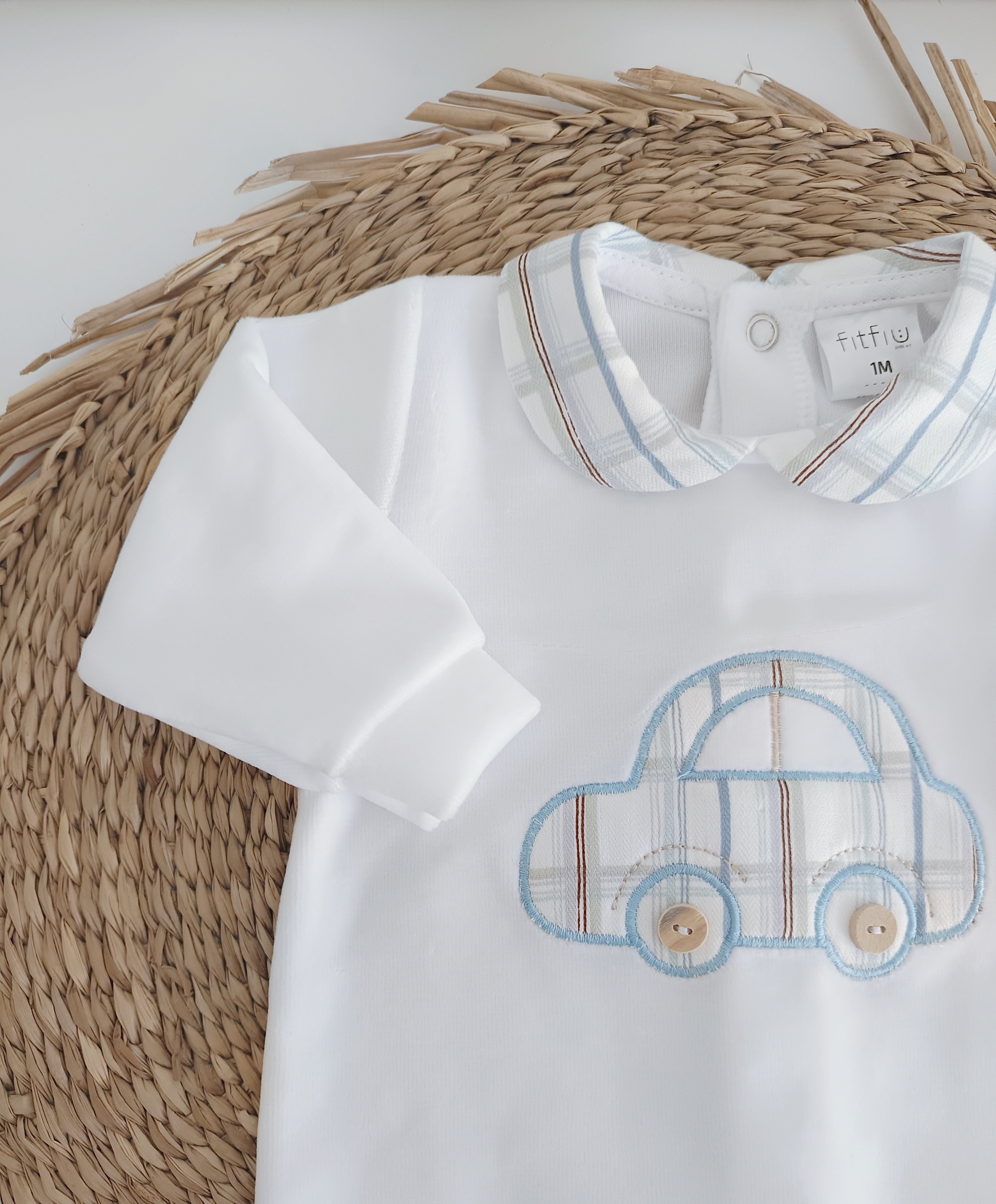 FitFiu Babies® | Babygrow Veludo Carrinho Branco Azul