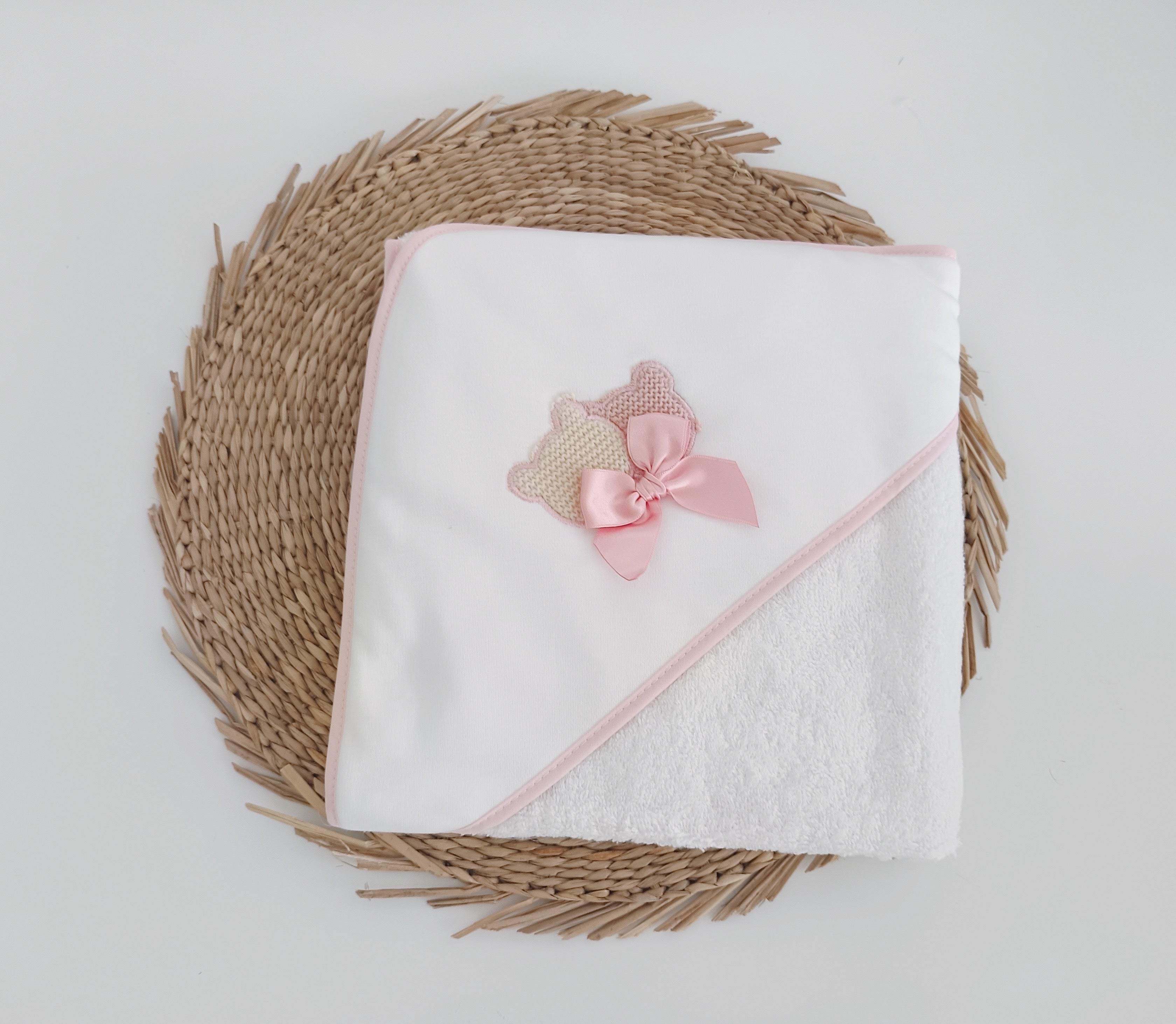 Toalha de banho para Bebé Cabecinhas Urso com Laço Rosa
