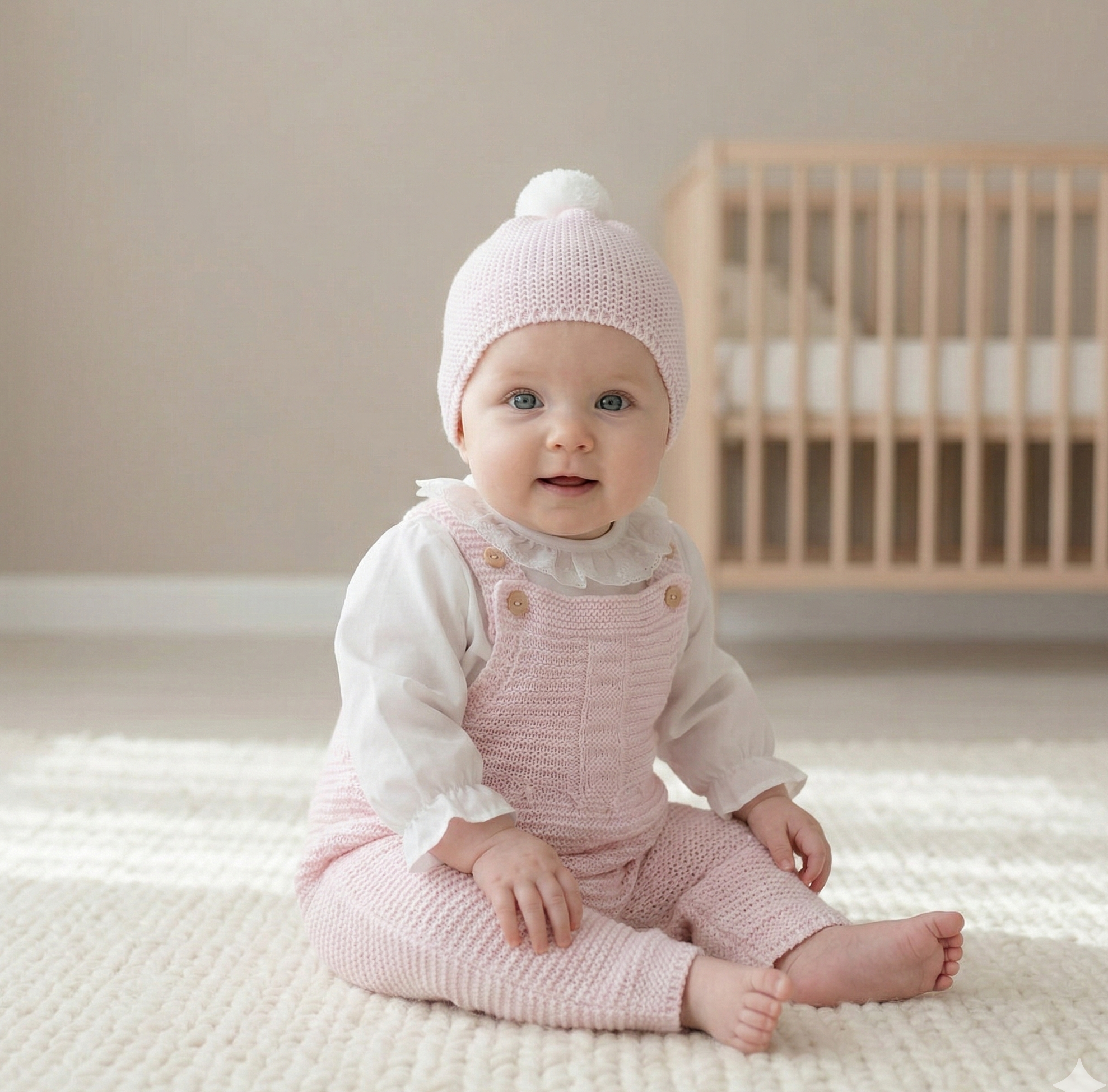 Jardineiras de Malha Trabalhada c/ blusa gola folho e gorro algodão Rosa