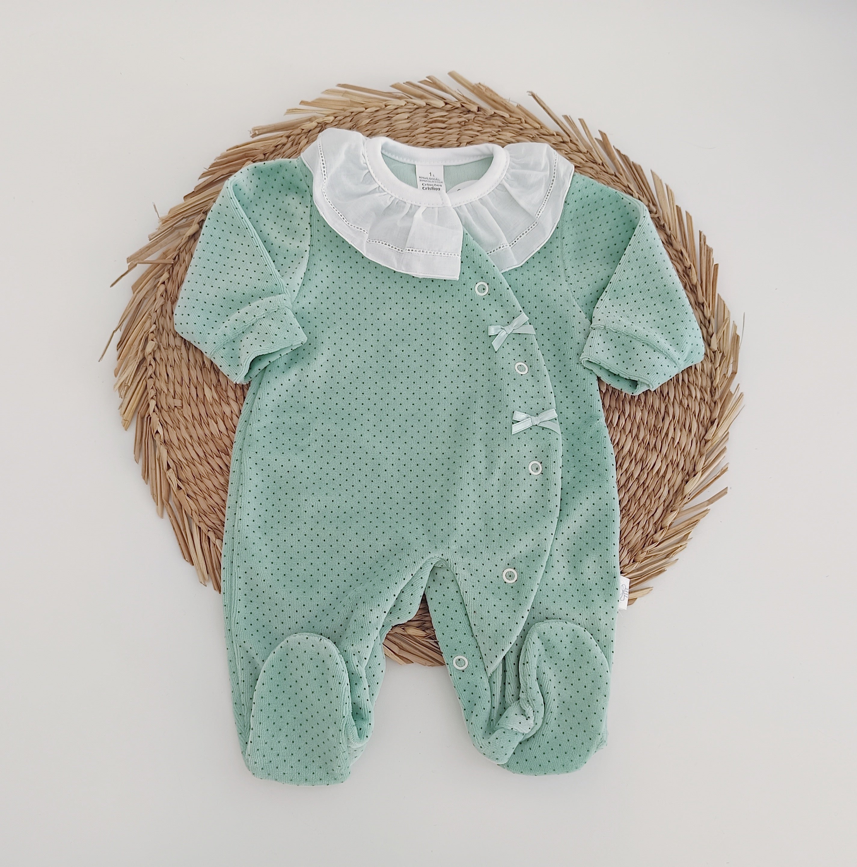 Babygrow Veludo Gola Folho Laço Pintas Verde