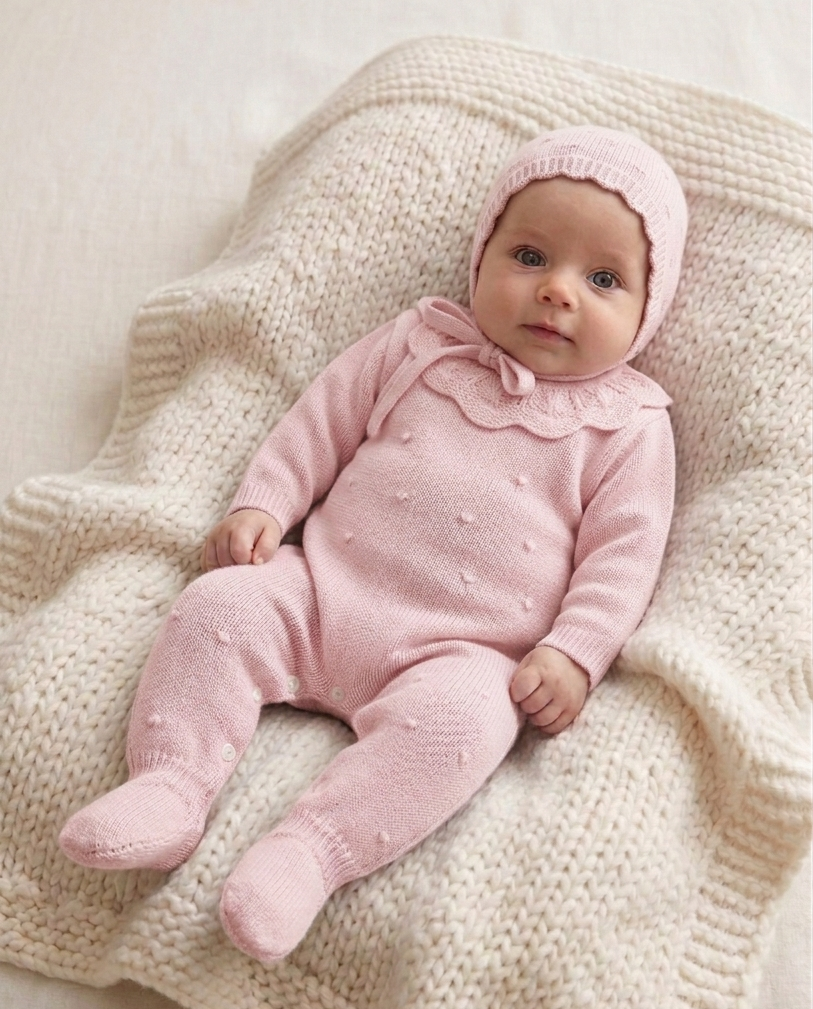 Babygrow de Malha Pompons Gola com touca Rosa