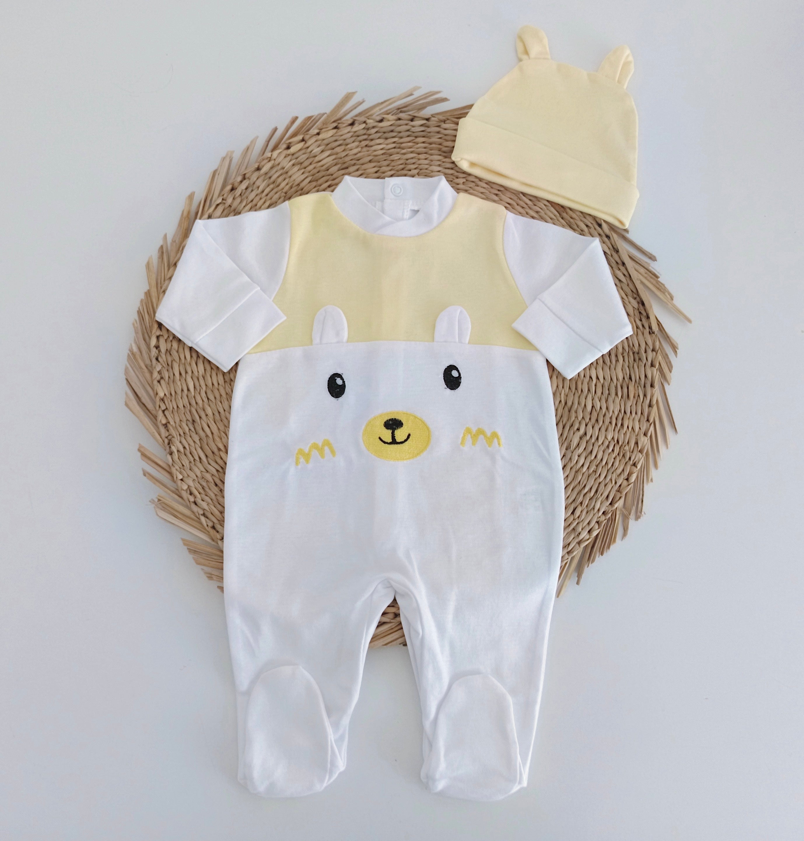 Babygrow Algodão Urso com Gorro Orelhas Amarelo