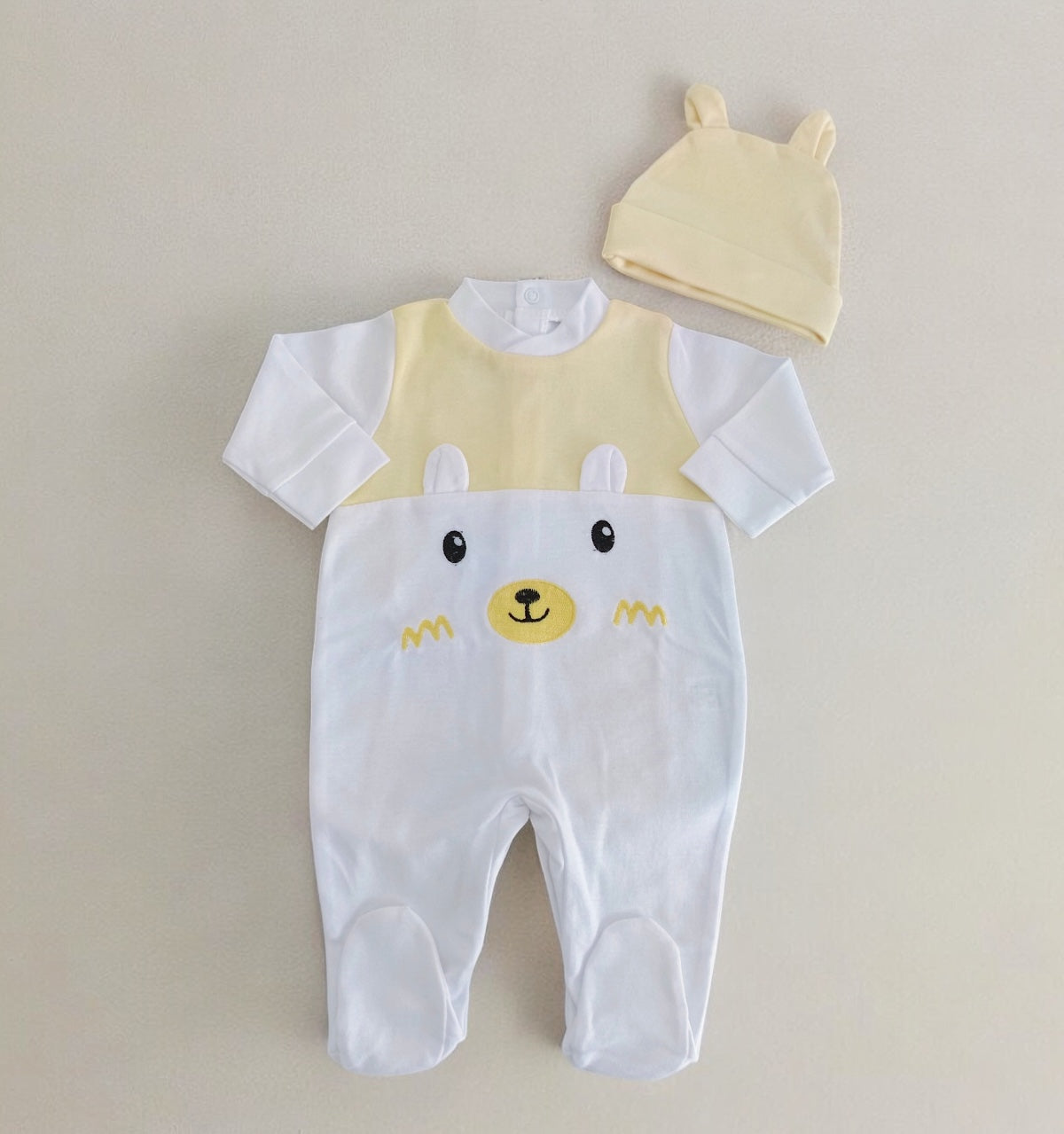 Babygrow Algodão Urso com Gorro Orelhas Amarelo