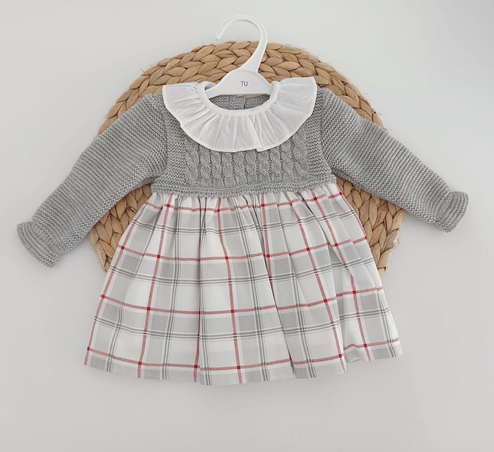 Vestido de Tecido e Malha com Xadrez Cinza