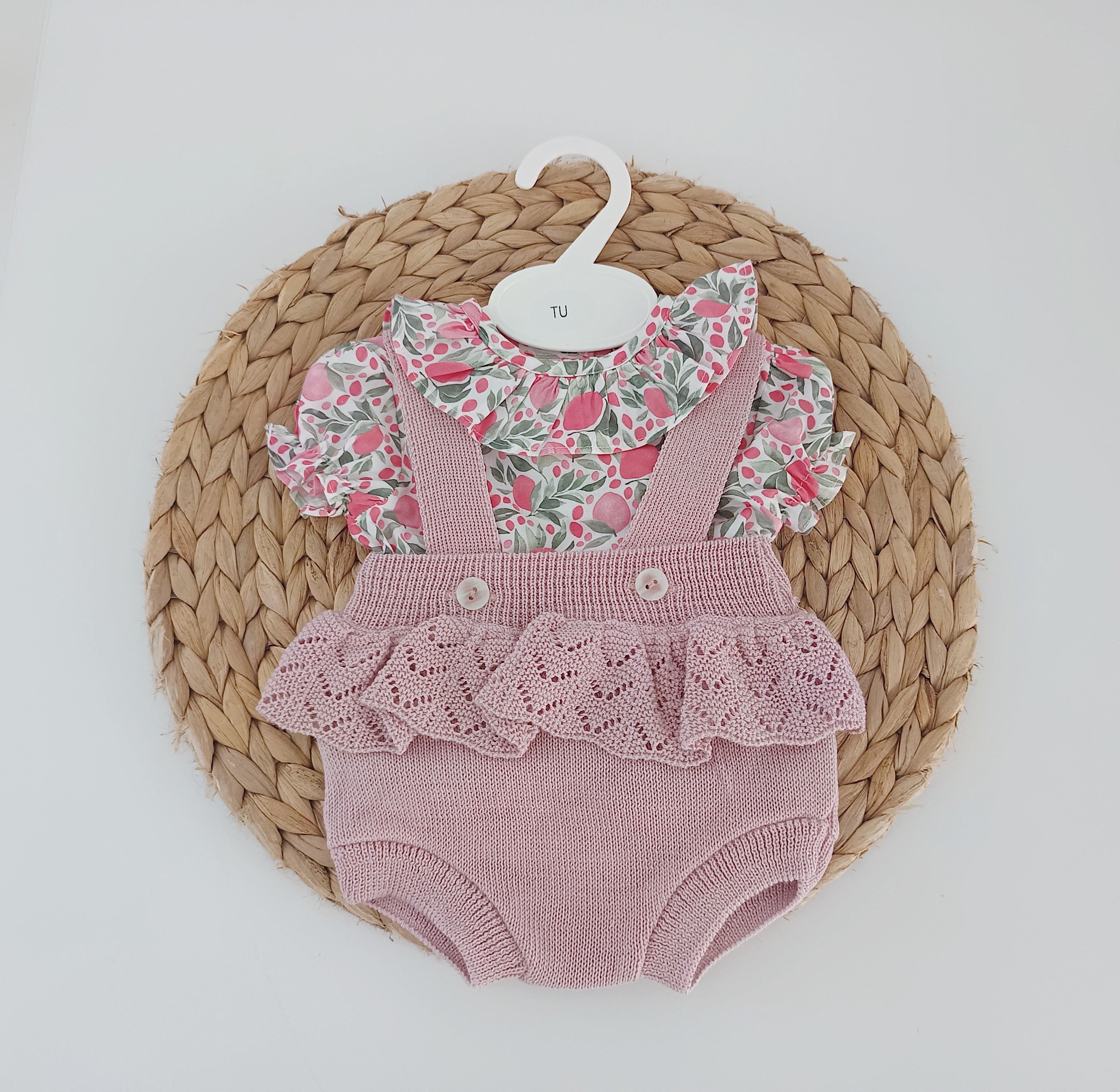 Conjunto fofo bebé blusa manga curta padrão flores 100% algodão rosa velho FitFiu Babies