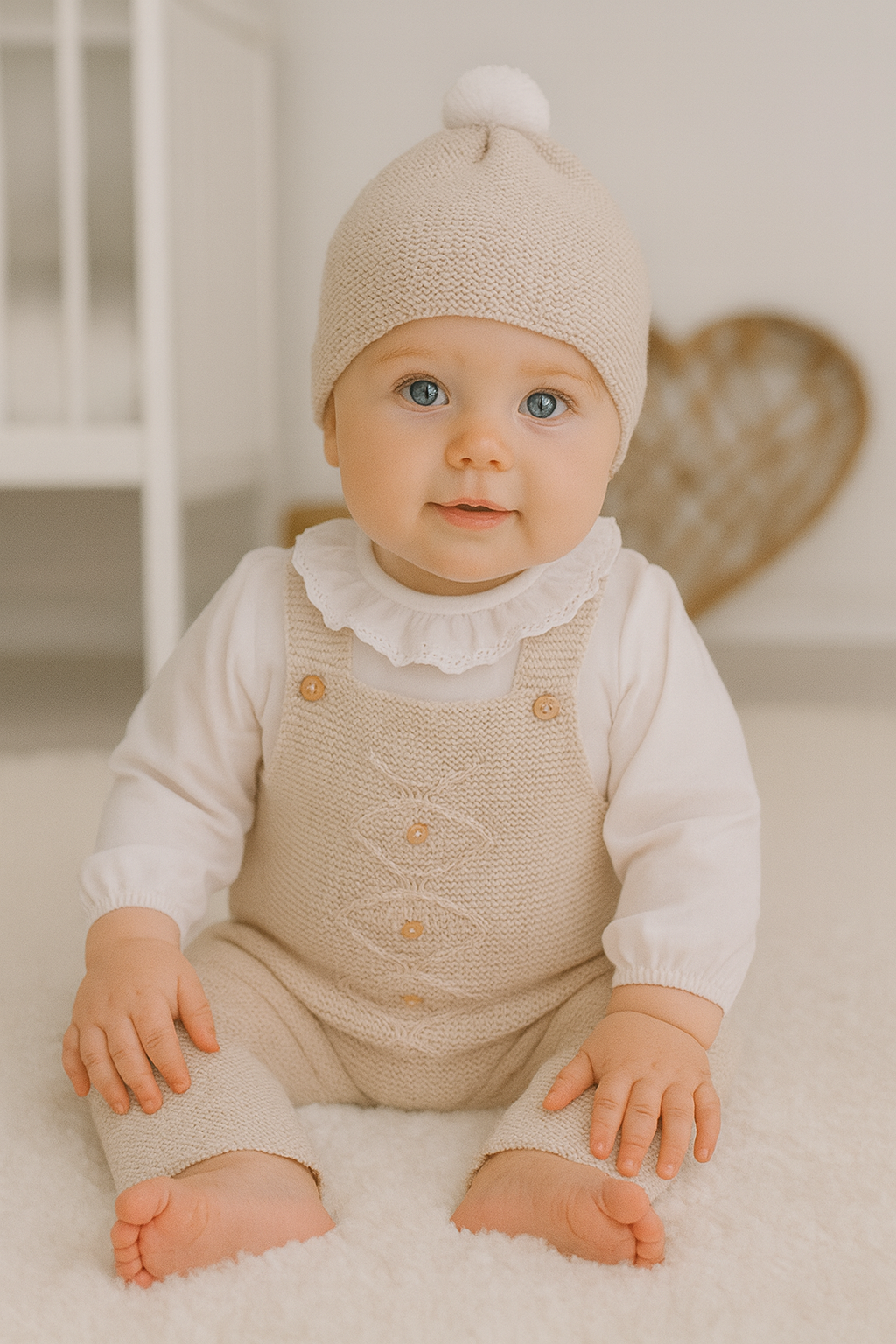 Jardineiras de malha c/ blusa gola folho Losangos Botões e gorro Areia