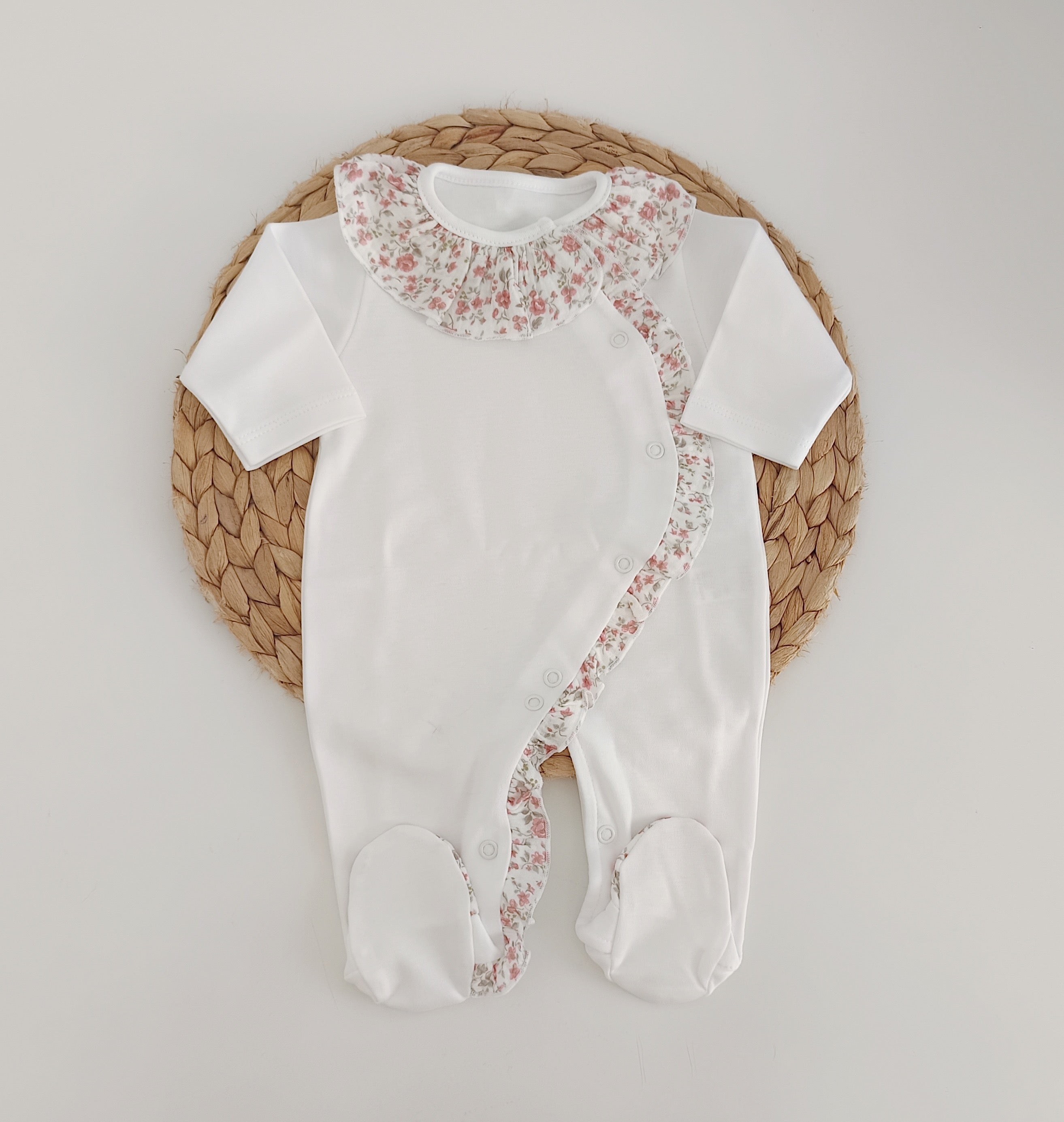 Babygrow Folho e Gola Musselina Flores Rosa Velho
