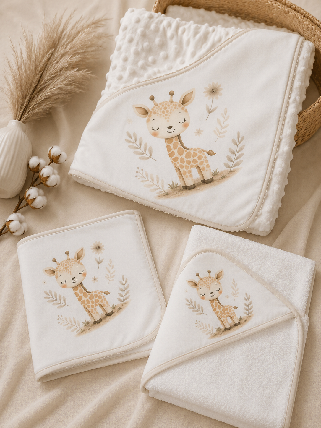 Conjunto de Bebé Manta Fralda e Toalha Girafa Pérola