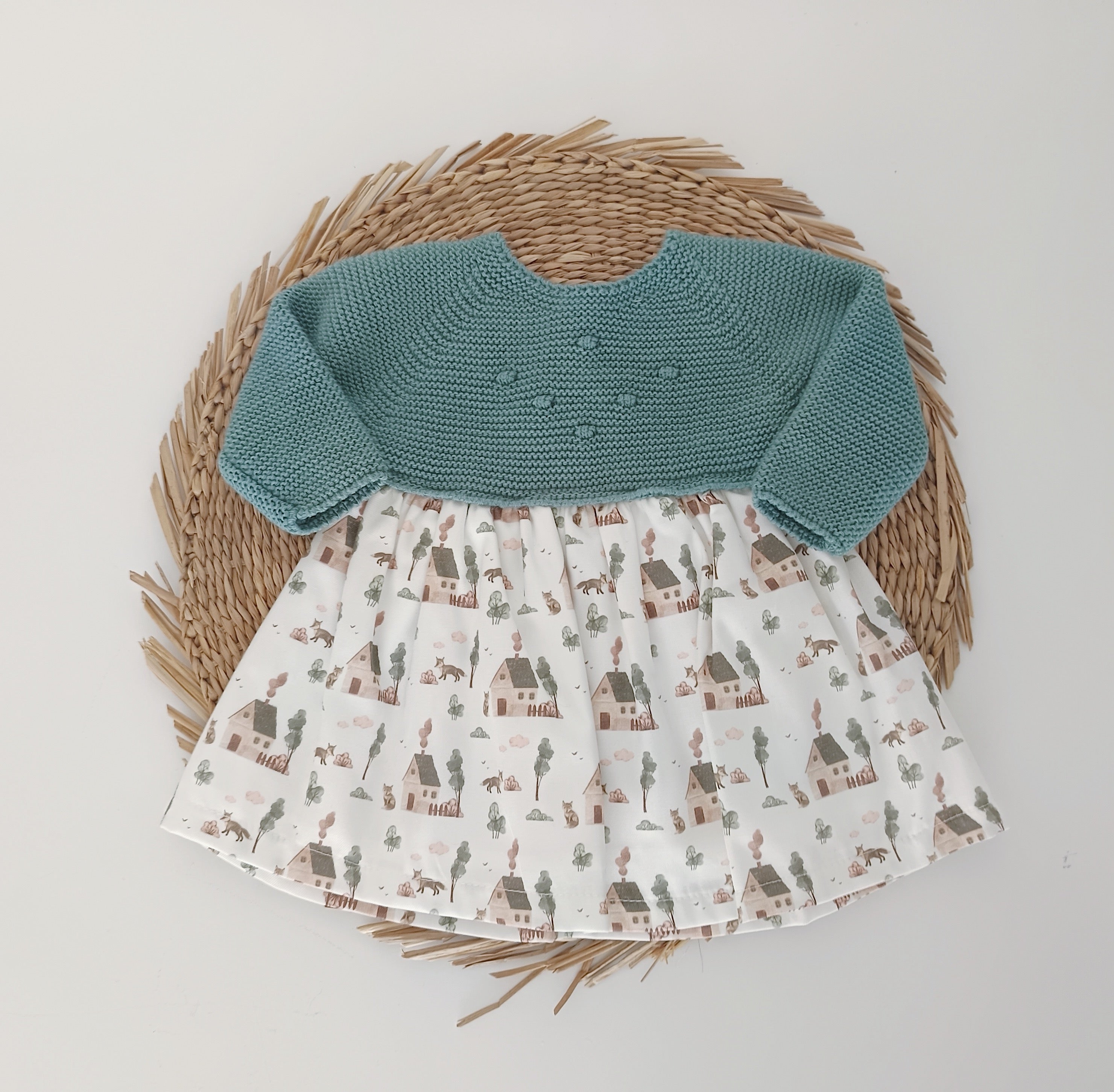 Vestido de Tecido e Malha Casinhas Verde