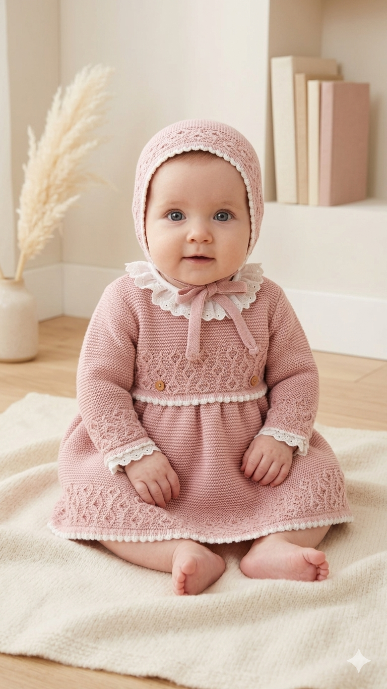 Vestido de Tecido e Malha com Touca Botões Rosa Velho