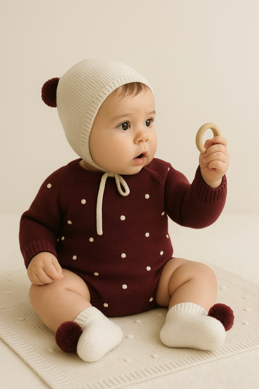 Fofo de Malha Pompons com touca e carapins Bordeaux