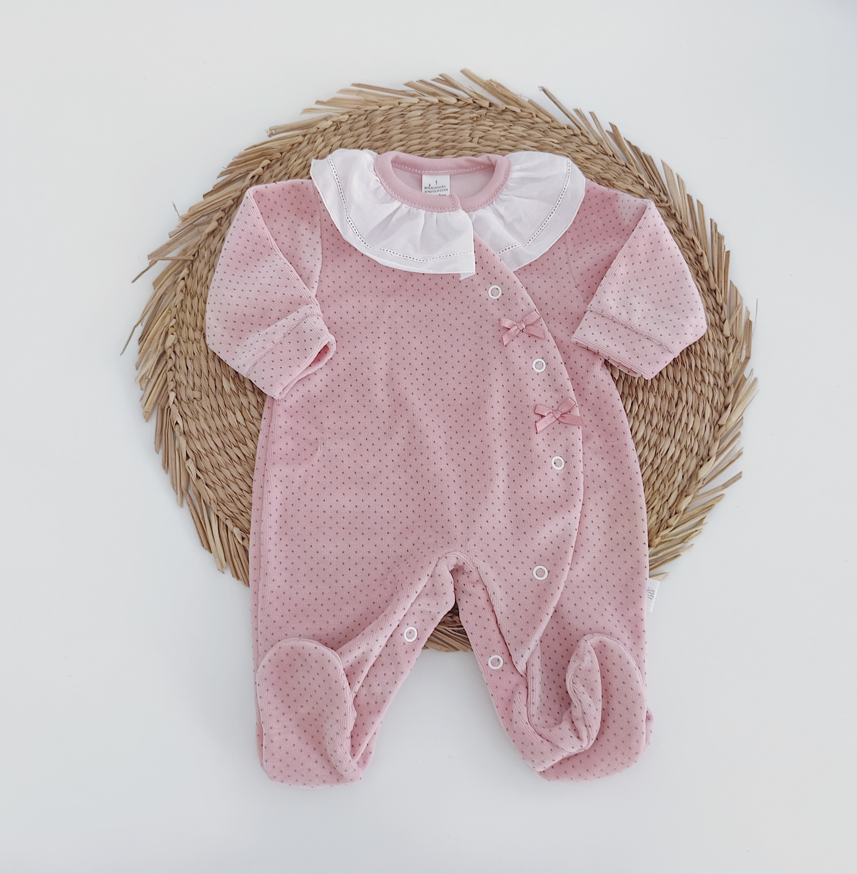 Babygrow Veludo Gola Folho Laço Pintas Rosa Velho