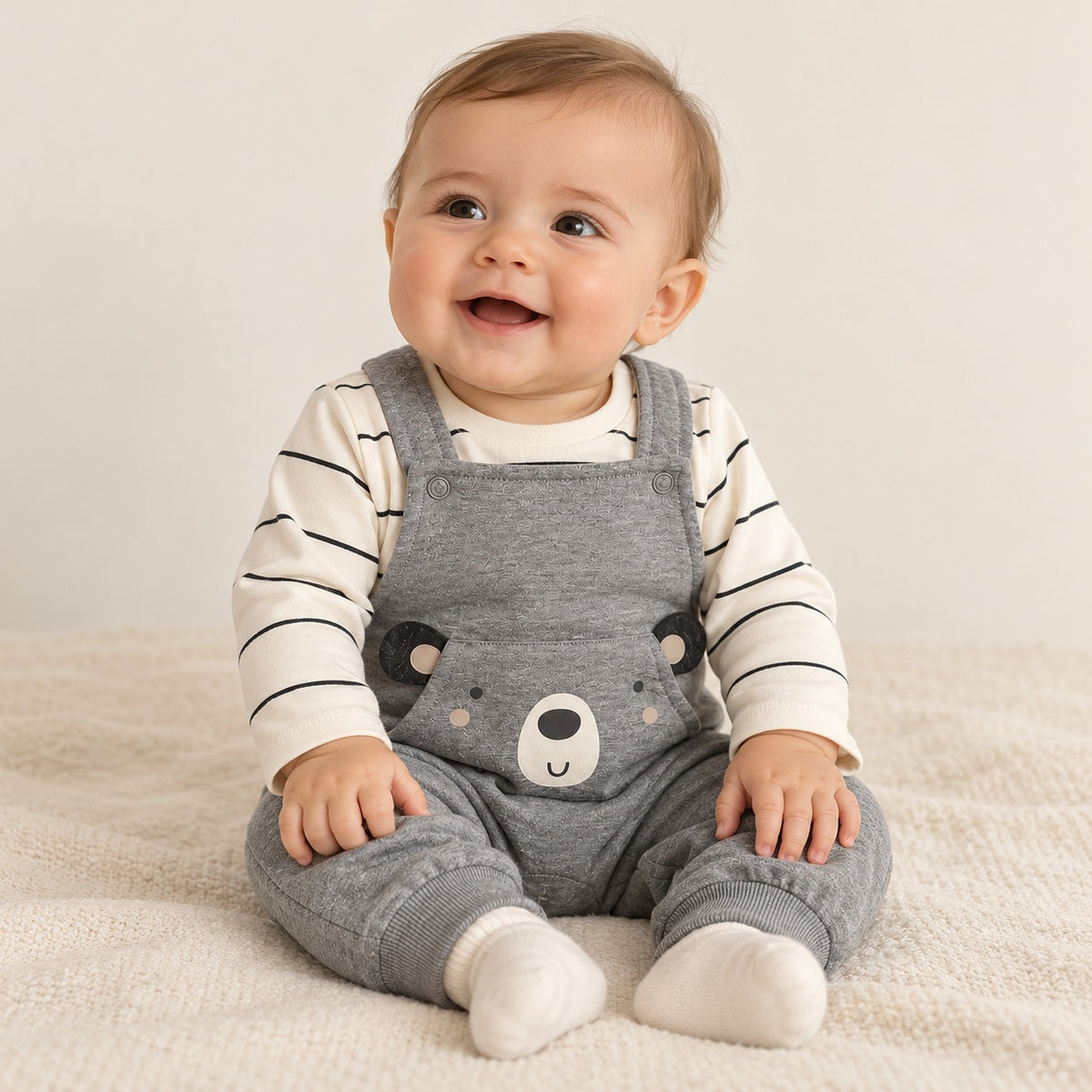 Jardineiras com Camisola de Algodão Urso Cinza