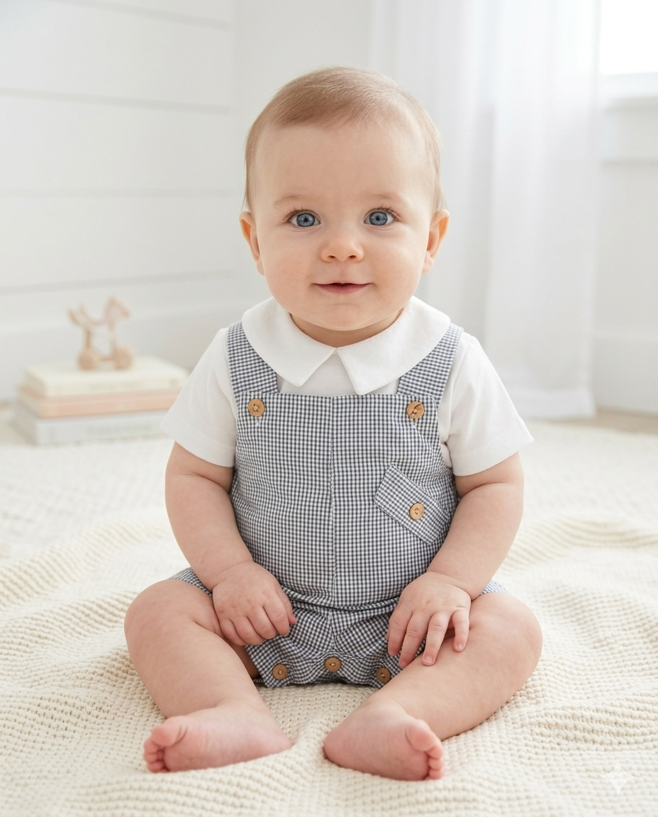 Jardineira Curta Xadrez com Camisa Marinho