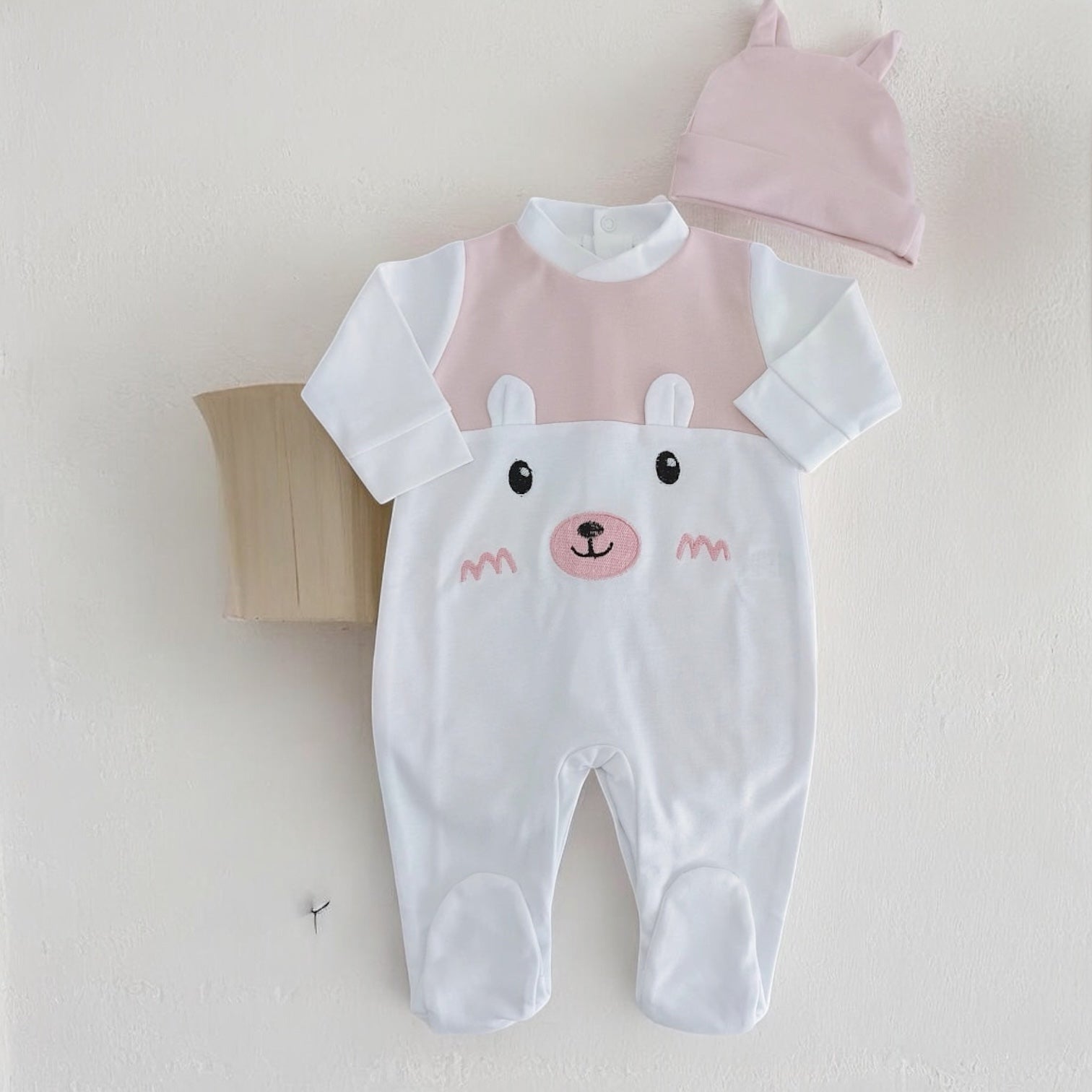 Babygrow Algodão Urso com Gorro Orelhas Rosa Velho
