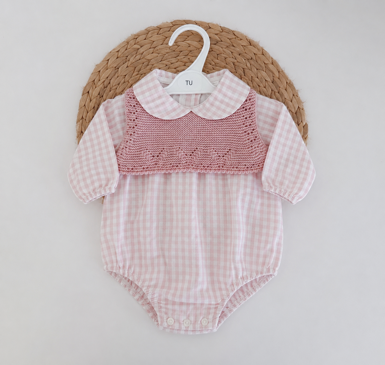 Fofo de Malha e Tecido Xadrez Vichy Rosa Velho