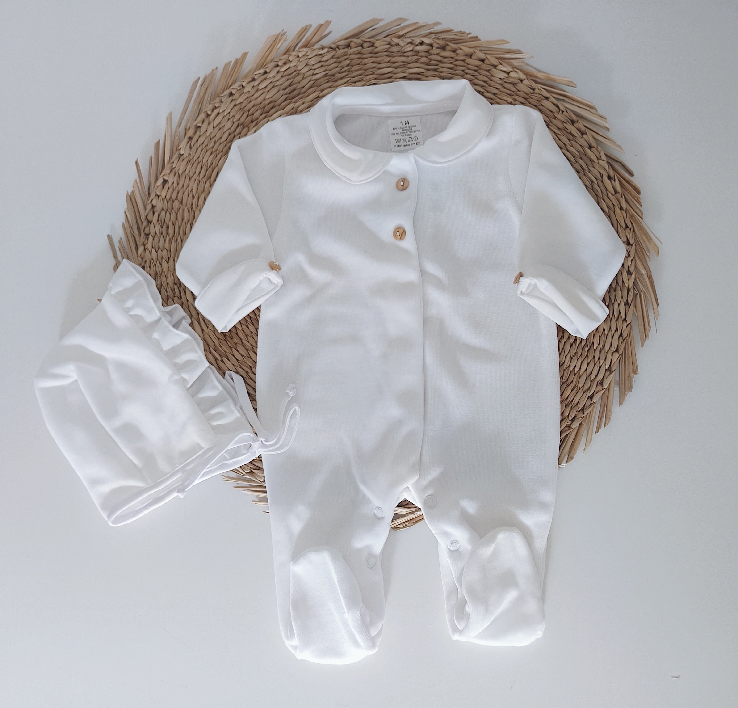 Babygrow Veludo com Touca Botões Branco