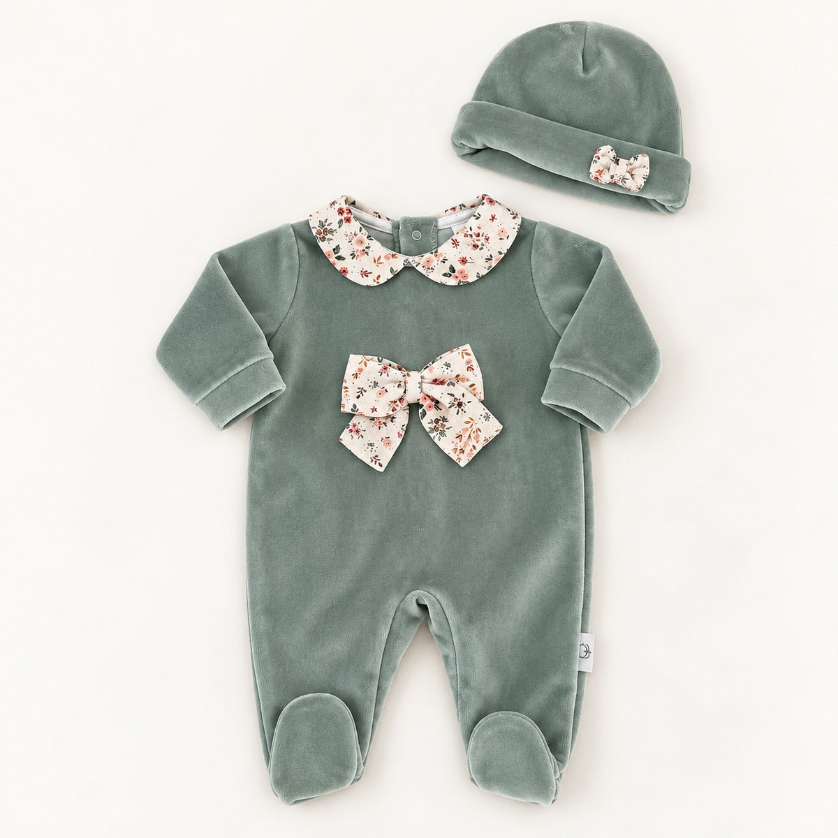 Babygrow Veludo Laço com Gorro Verde