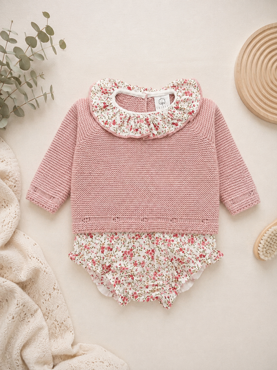 Tapa Fraldas com Camisola de Malha Flores Rosa velho
