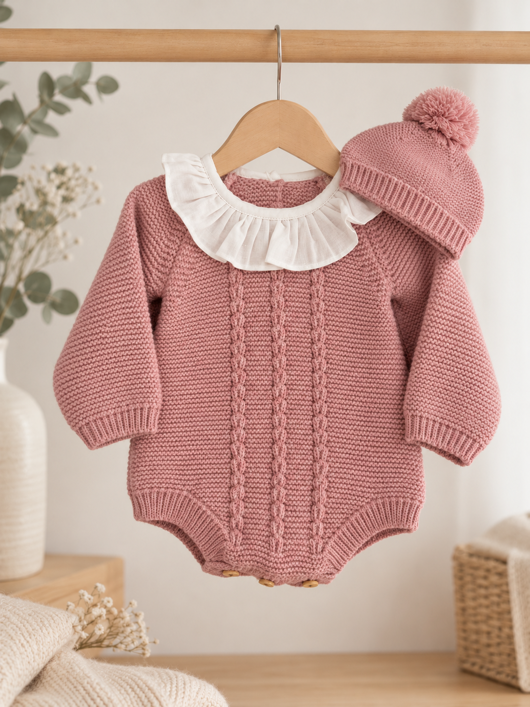 Fofo de Malha com Gola e Gorro Pompom Rosa Velho