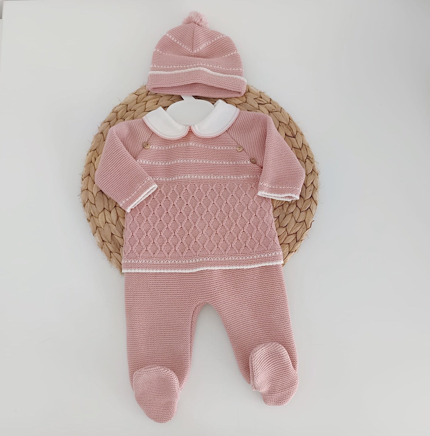 Conjunto de Malha Básico com Gorro Pompom Rosa Velho