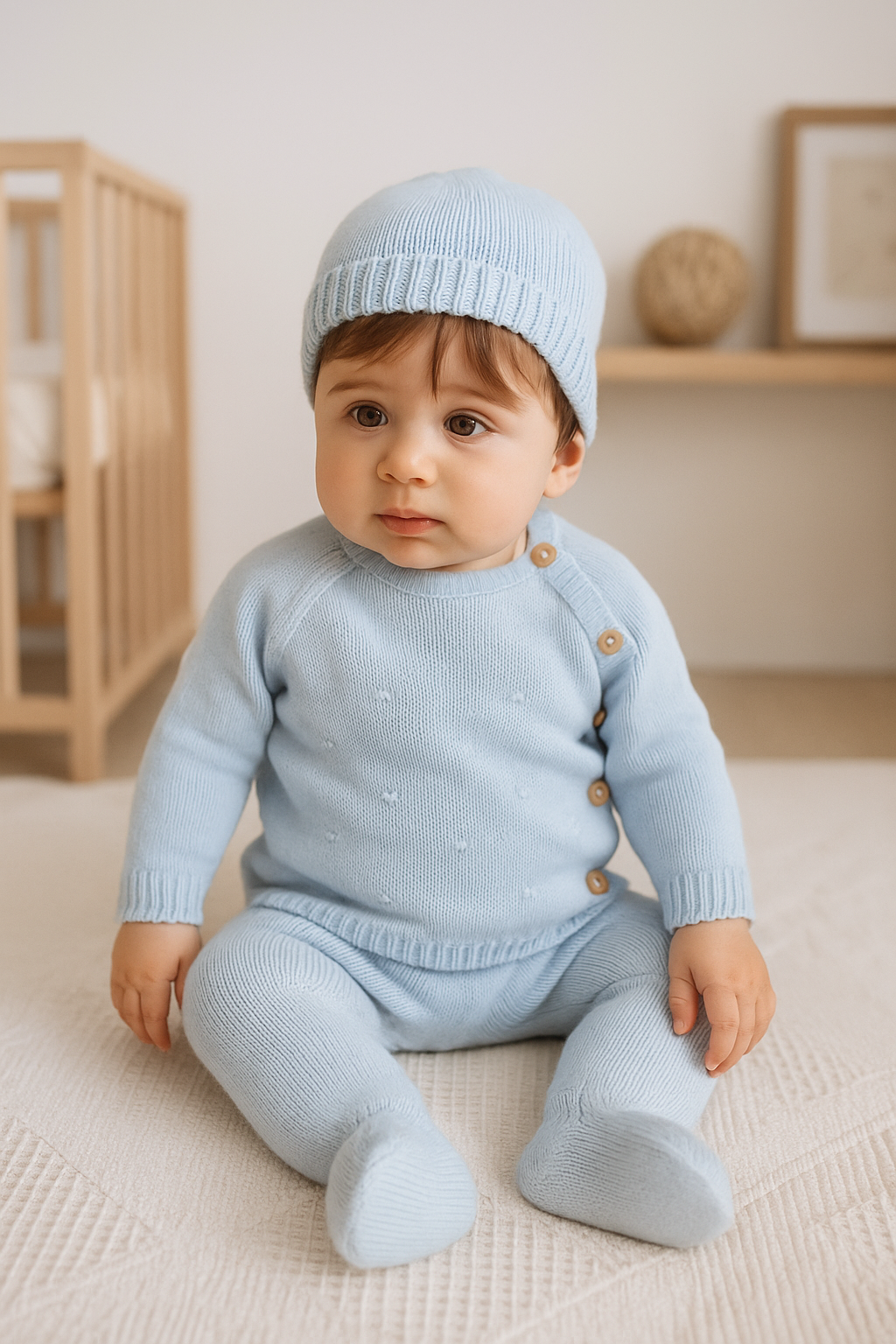 Conjunto de Malha Pompons em Relevo Botões com Gorro Azul