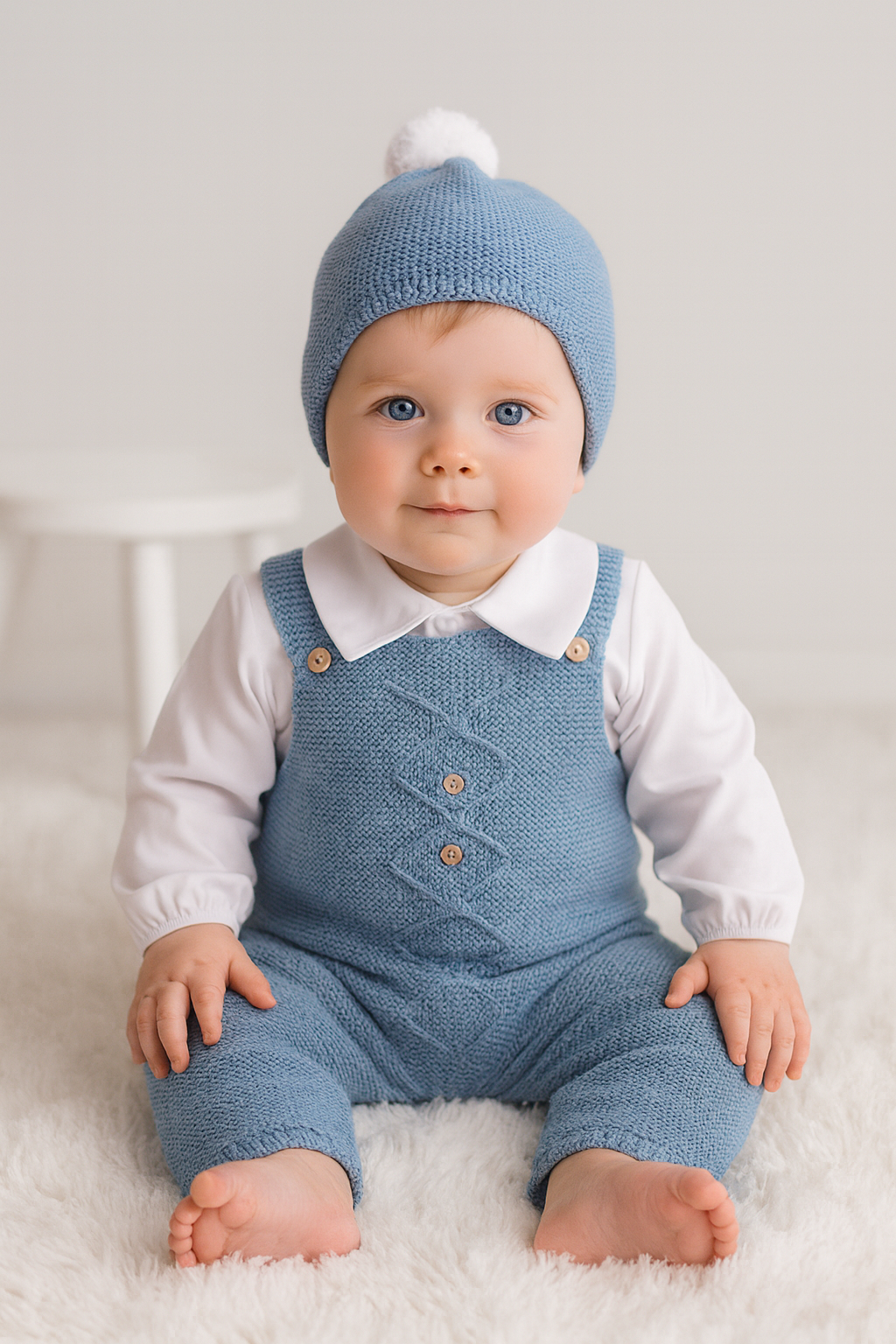 Jardineiras de malha c/ camisa gola bico Losangos Botões e gorro Jeans