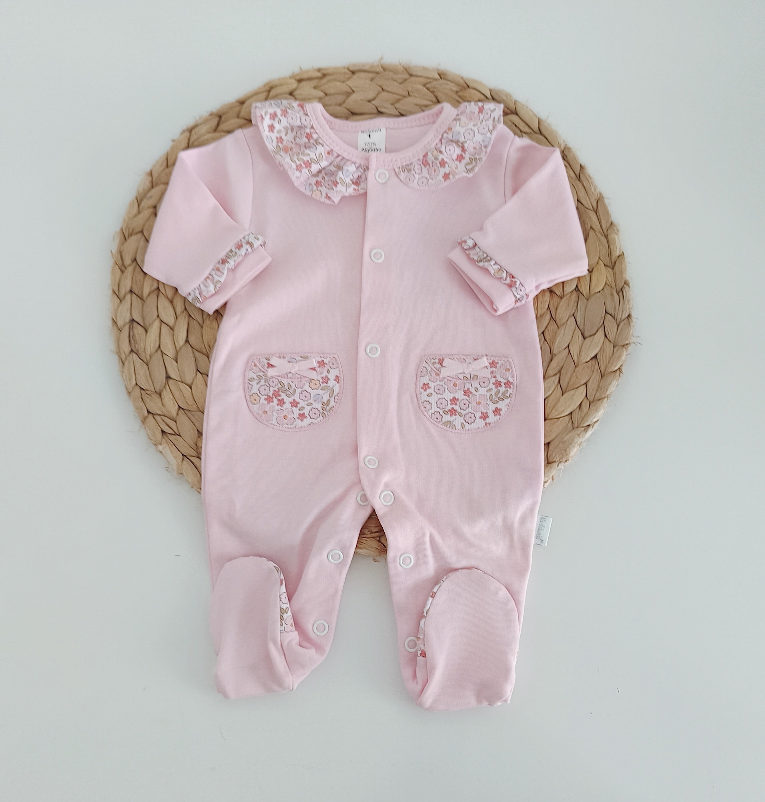 Babygrow Algodão Bolso Flores Rosa