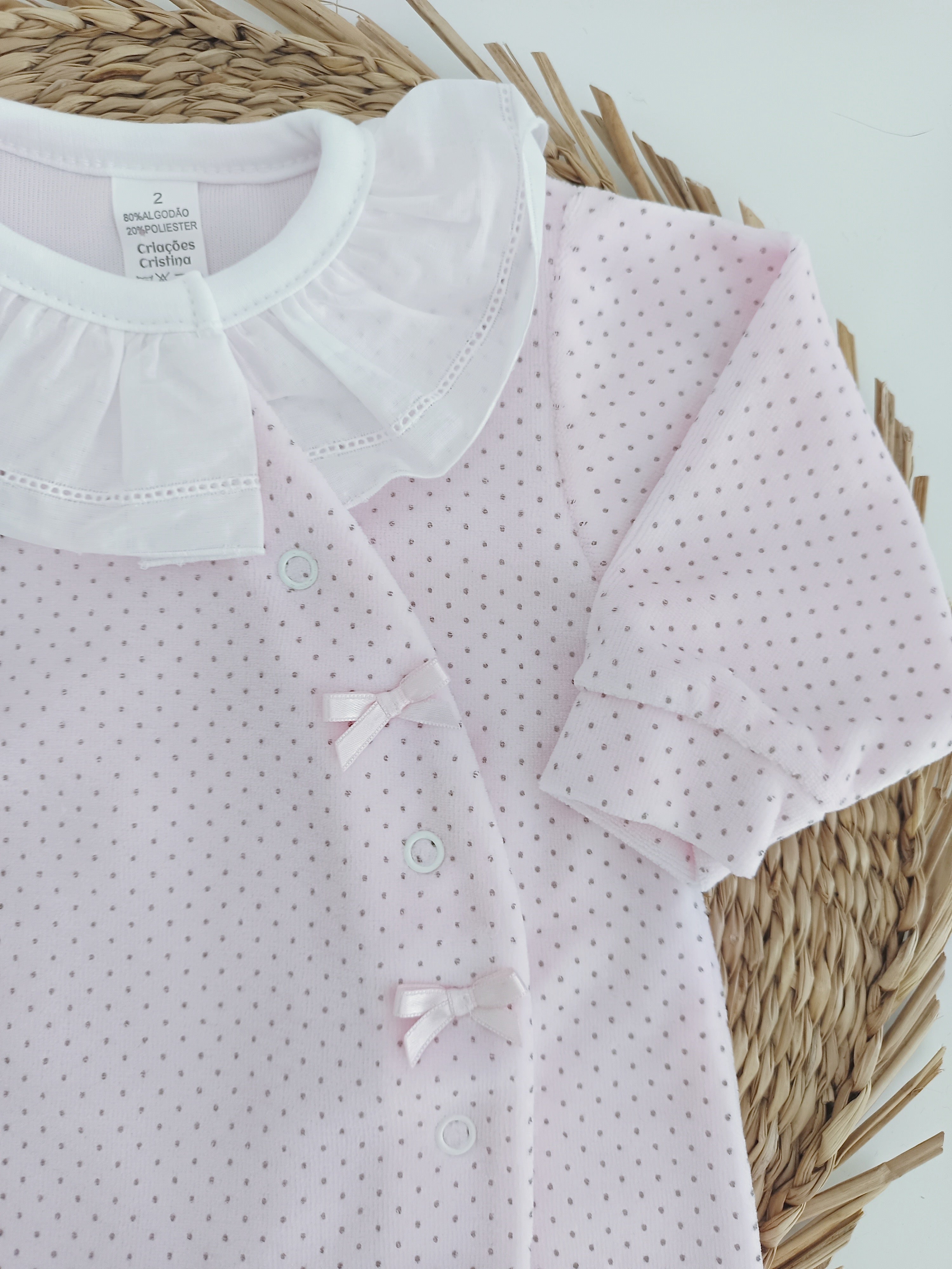 Babygrow Veludo Gola Folho Laço Pintas Rosa