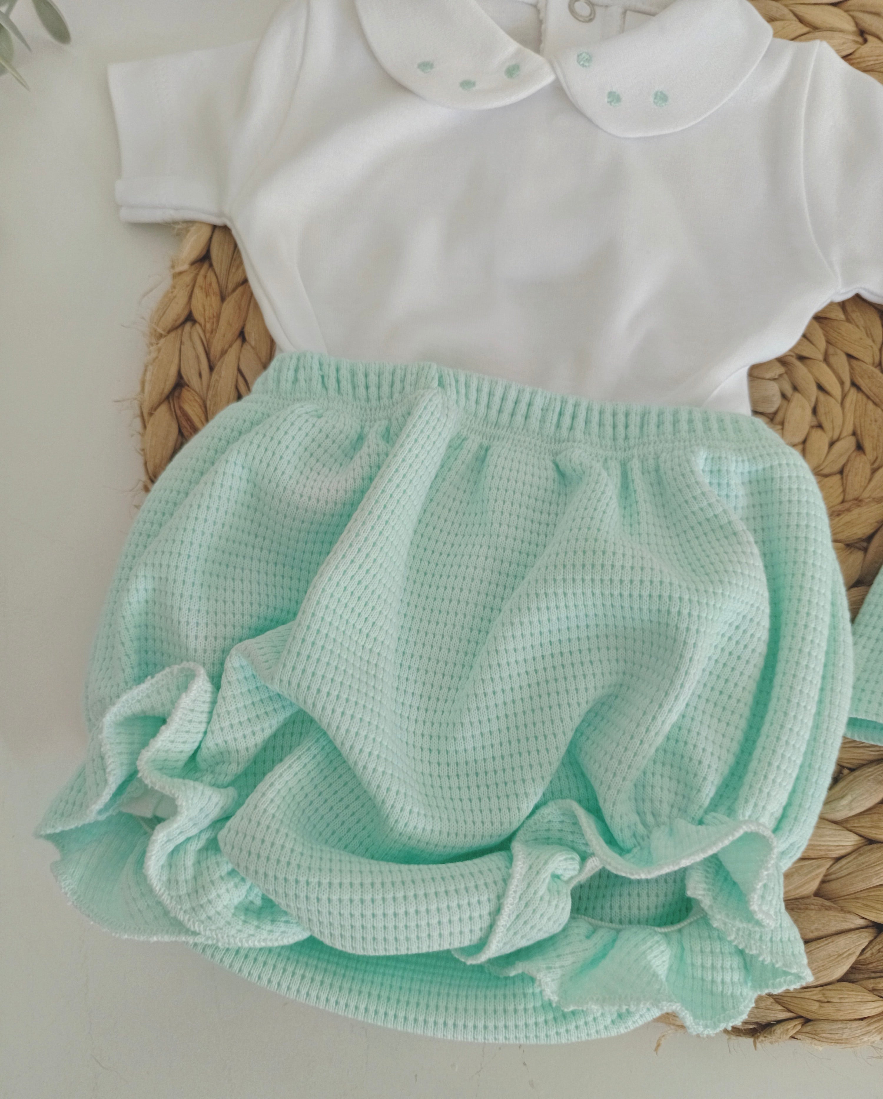 Conjunto Calções Casaco e Body de Gola Verde Água